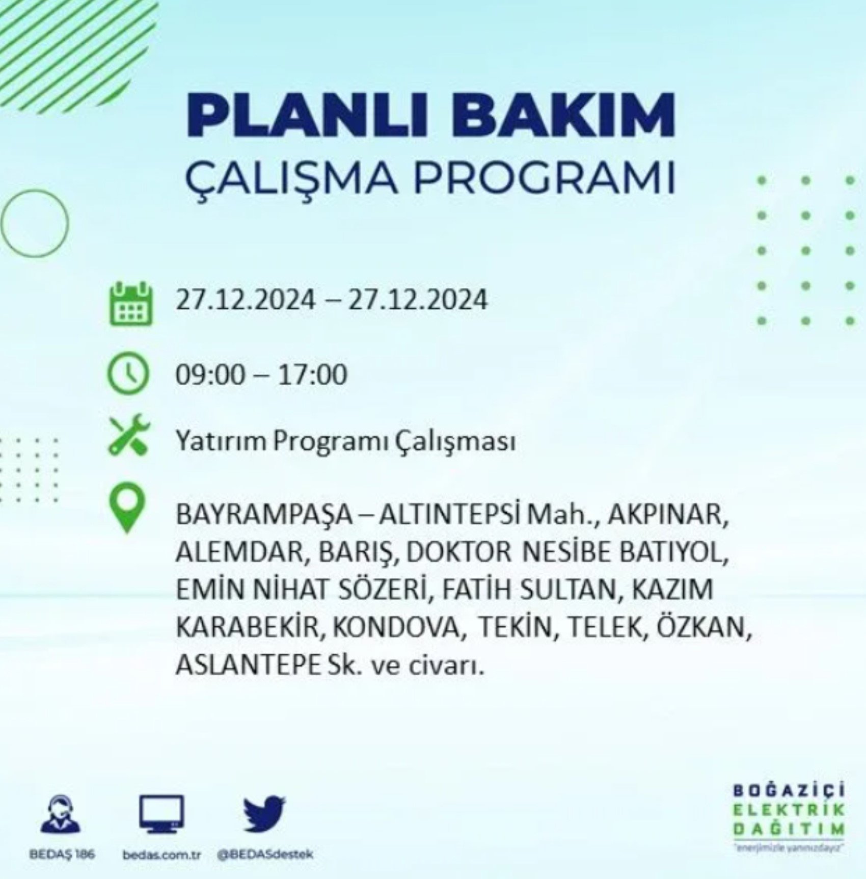 BEDAŞ açıkladı... İstanbul'da elektrik kesintisi: 27 Aralık'ta hangi mahalleler etkilenecek?