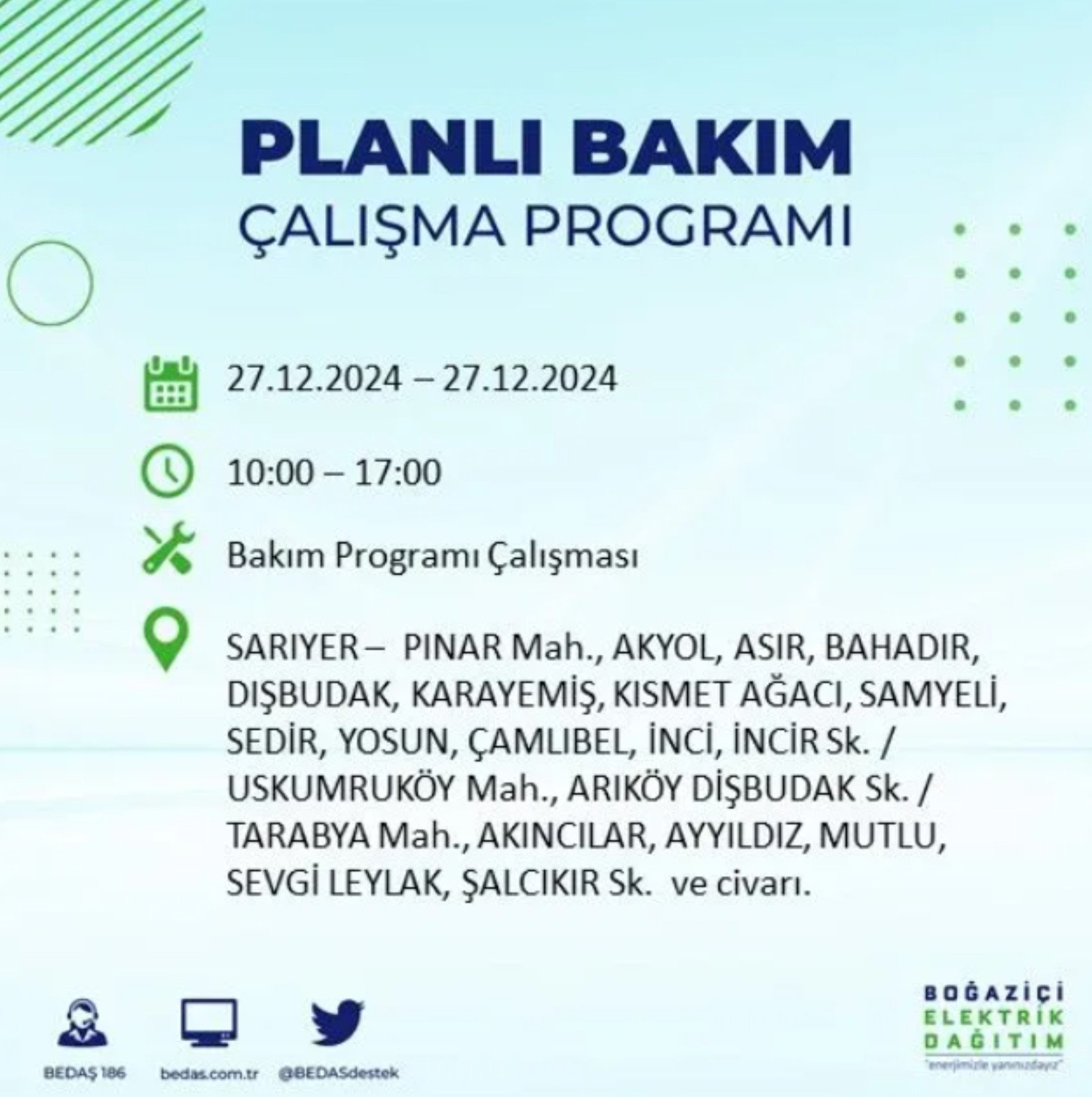 BEDAŞ açıkladı... İstanbul'da elektrik kesintisi: 27 Aralık'ta hangi mahalleler etkilenecek?