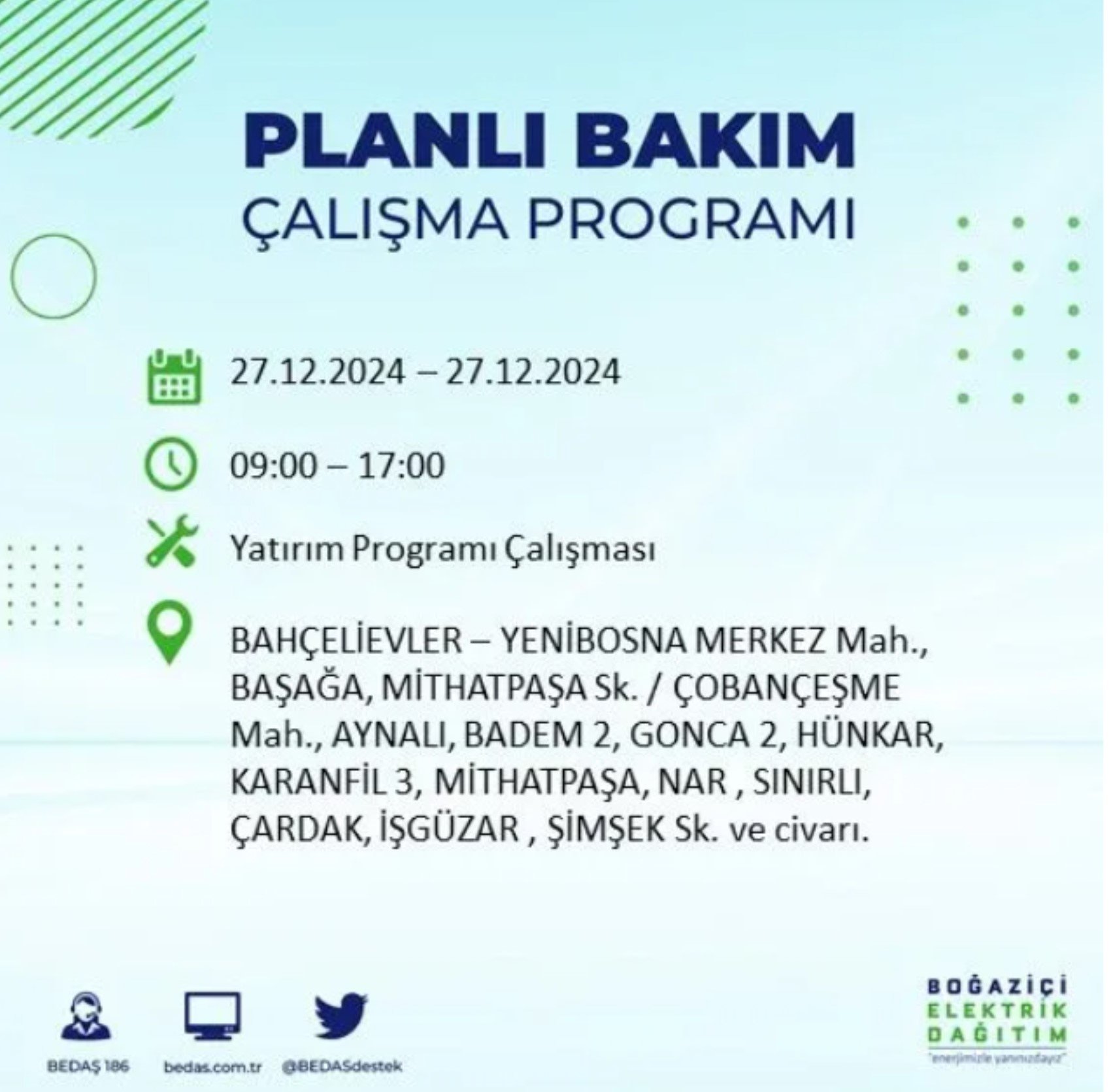 BEDAŞ açıkladı... İstanbul'da elektrik kesintisi: 27 Aralık'ta hangi mahalleler etkilenecek?