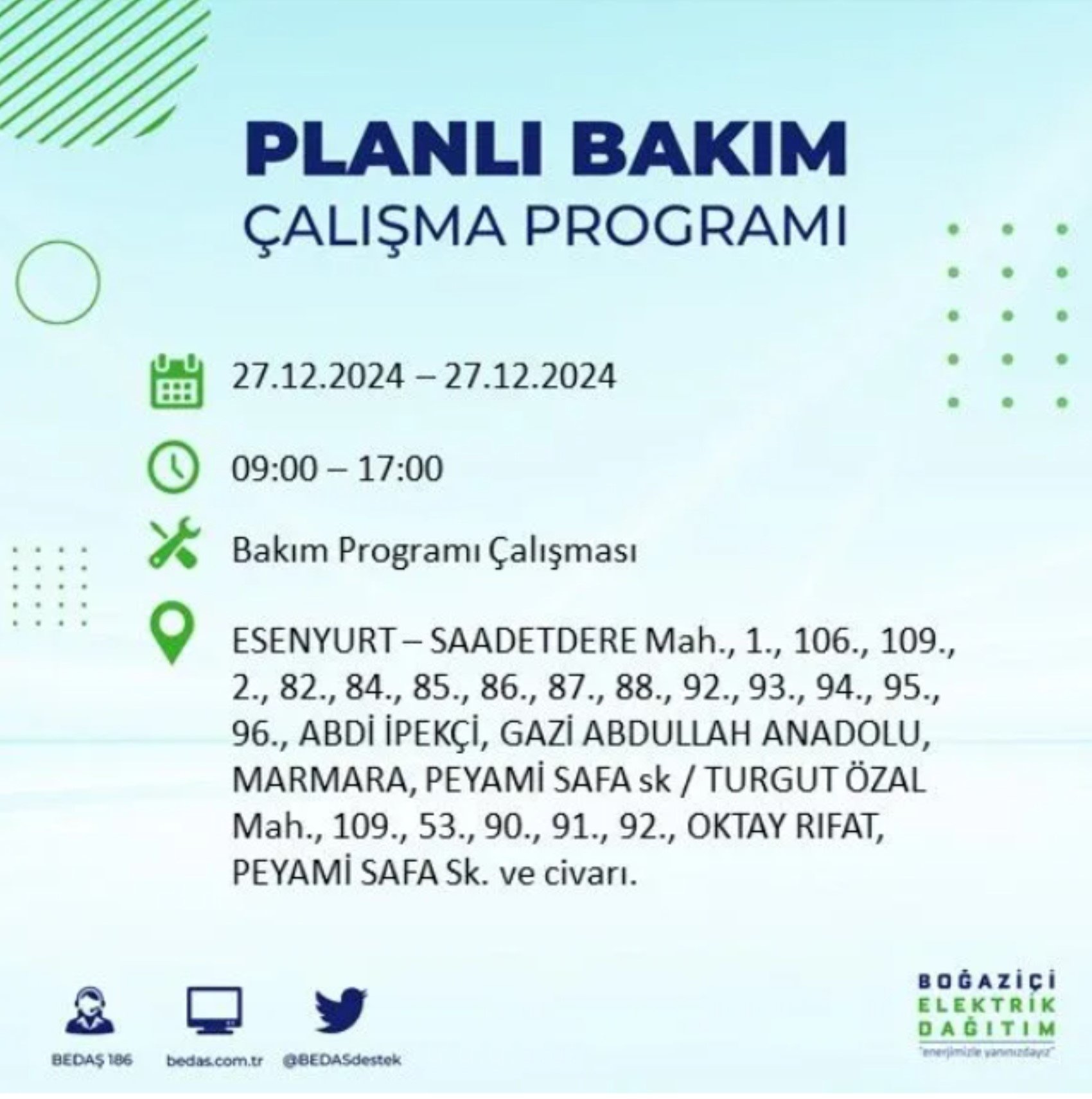 BEDAŞ açıkladı... İstanbul'da elektrik kesintisi: 27 Aralık'ta hangi mahalleler etkilenecek?