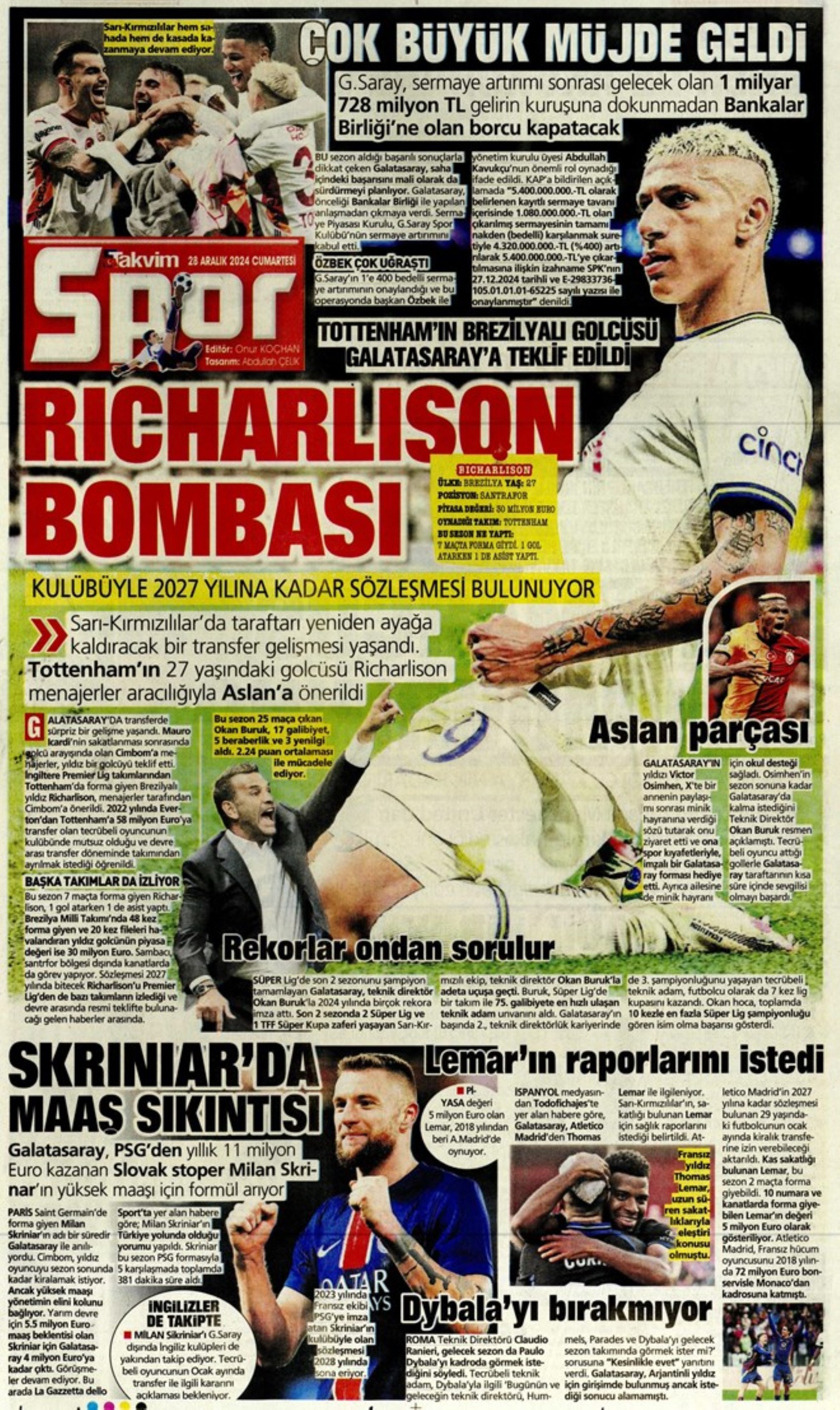 La bomba Richarlison: i titoli sportivi del 28 dicembre