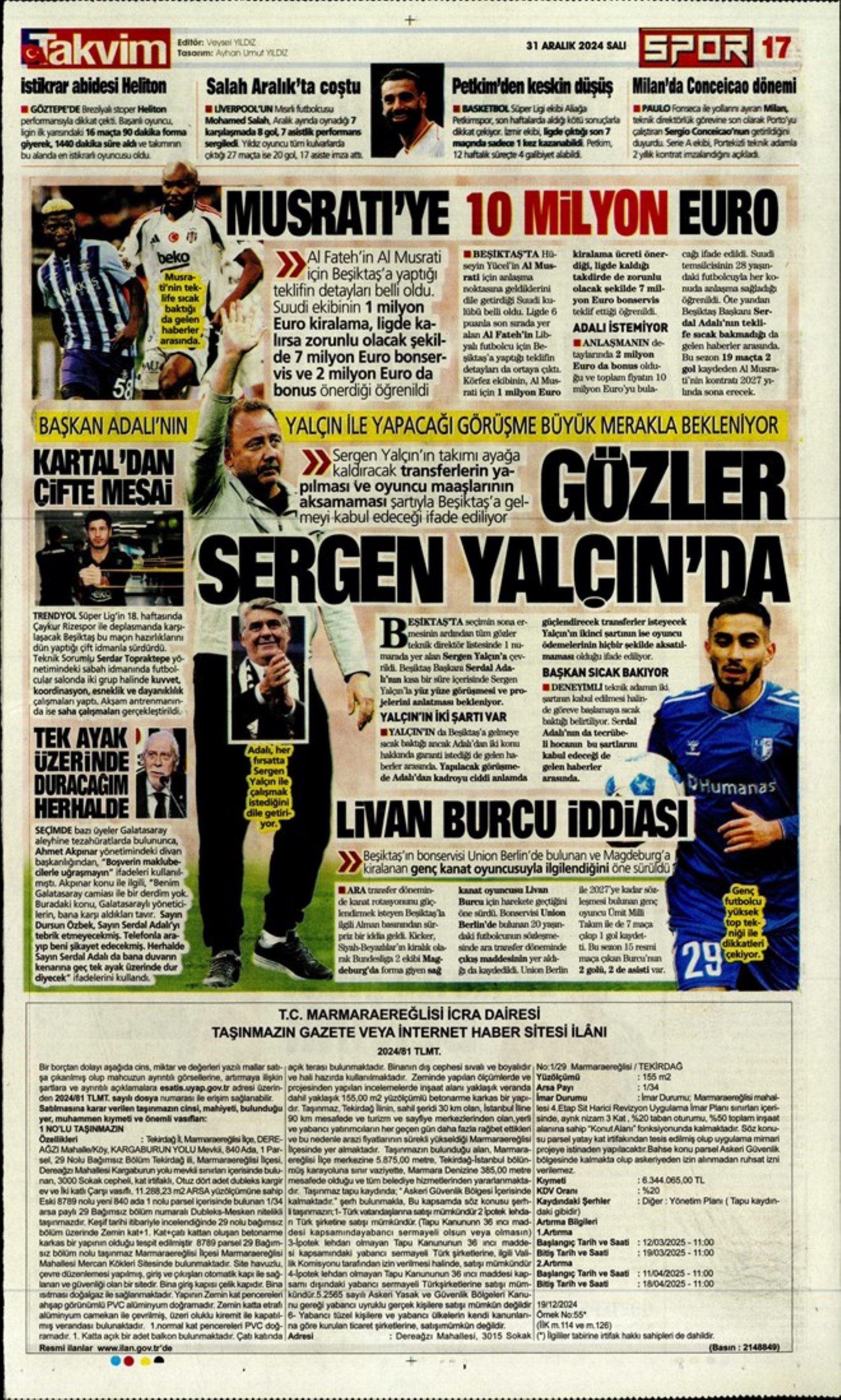 Sergen Yalçın ile ilk temas: Milan Skriniar savaşı... 31 Aralık 2024 sporun manşetleri