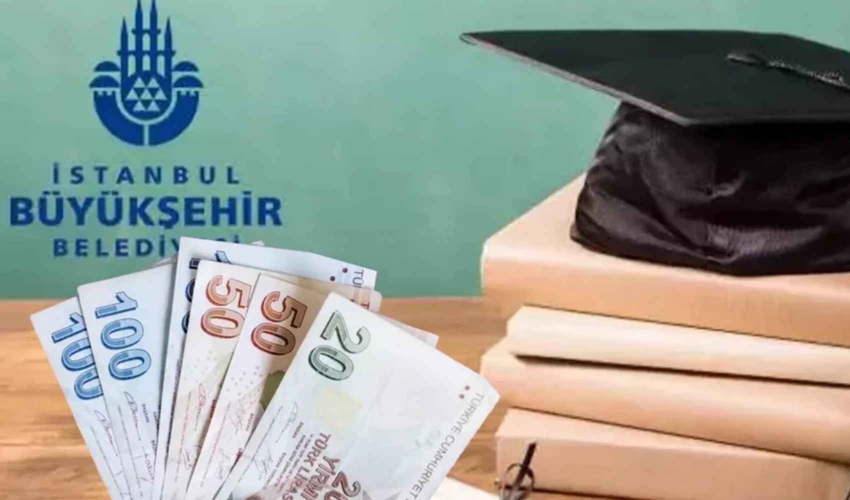 An educational support photo themed around IMM scholarships, featuring books and money.
