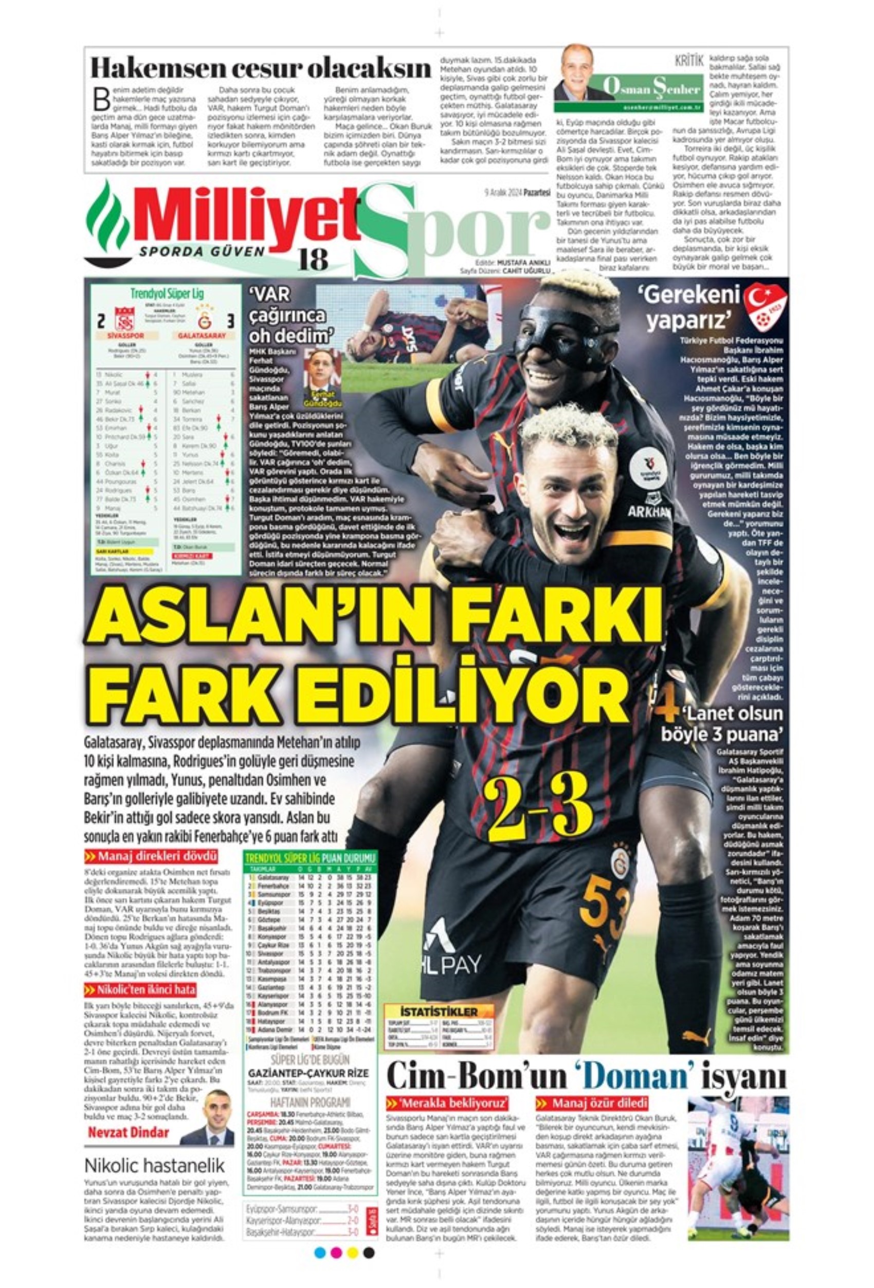 Le prime pagine dello sport (9 dicembre 2024): al Galatasaray 'bastano anche 10 uomini'