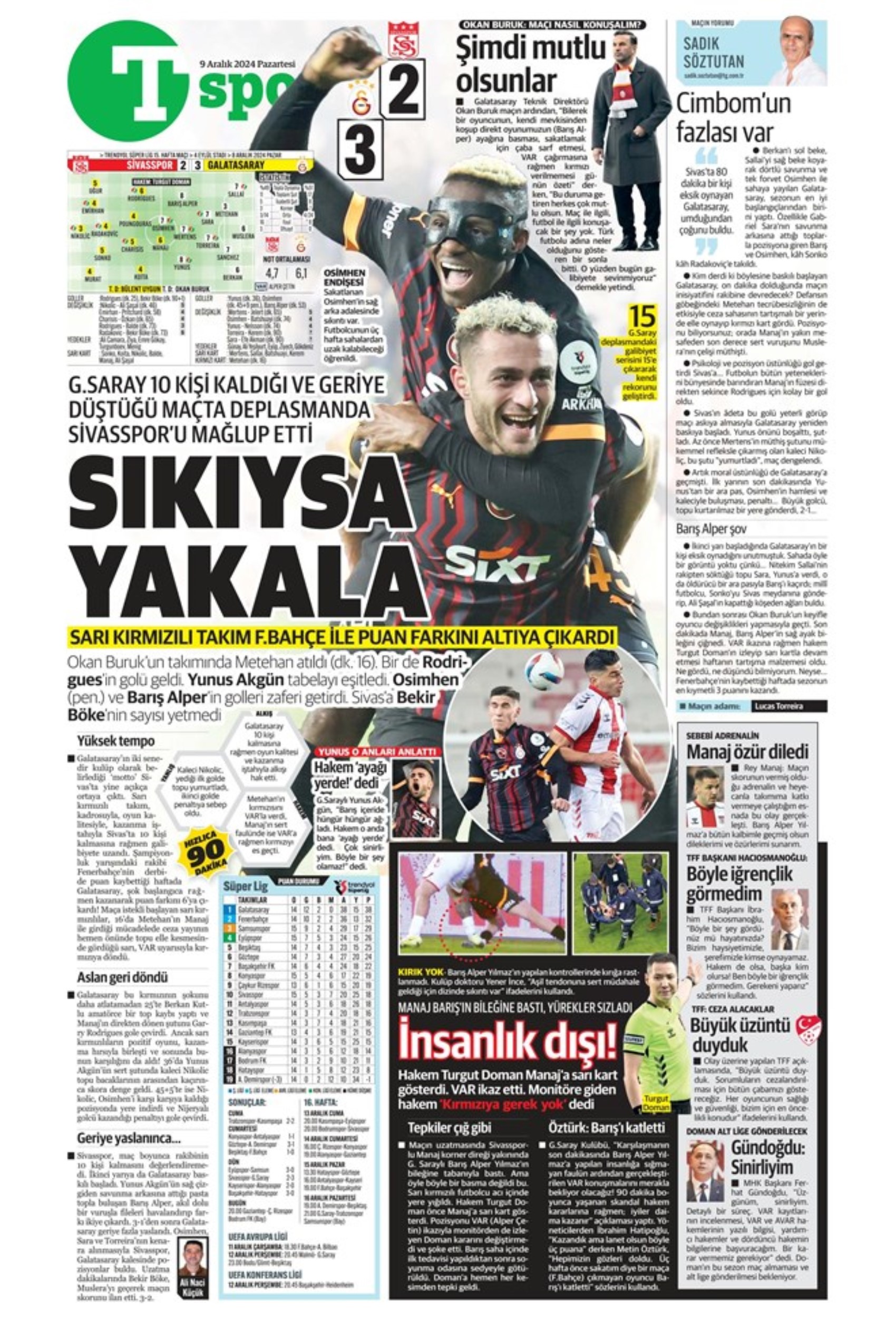 Le prime pagine dello sport (9 dicembre 2024): al Galatasaray 'bastano anche 10 uomini'