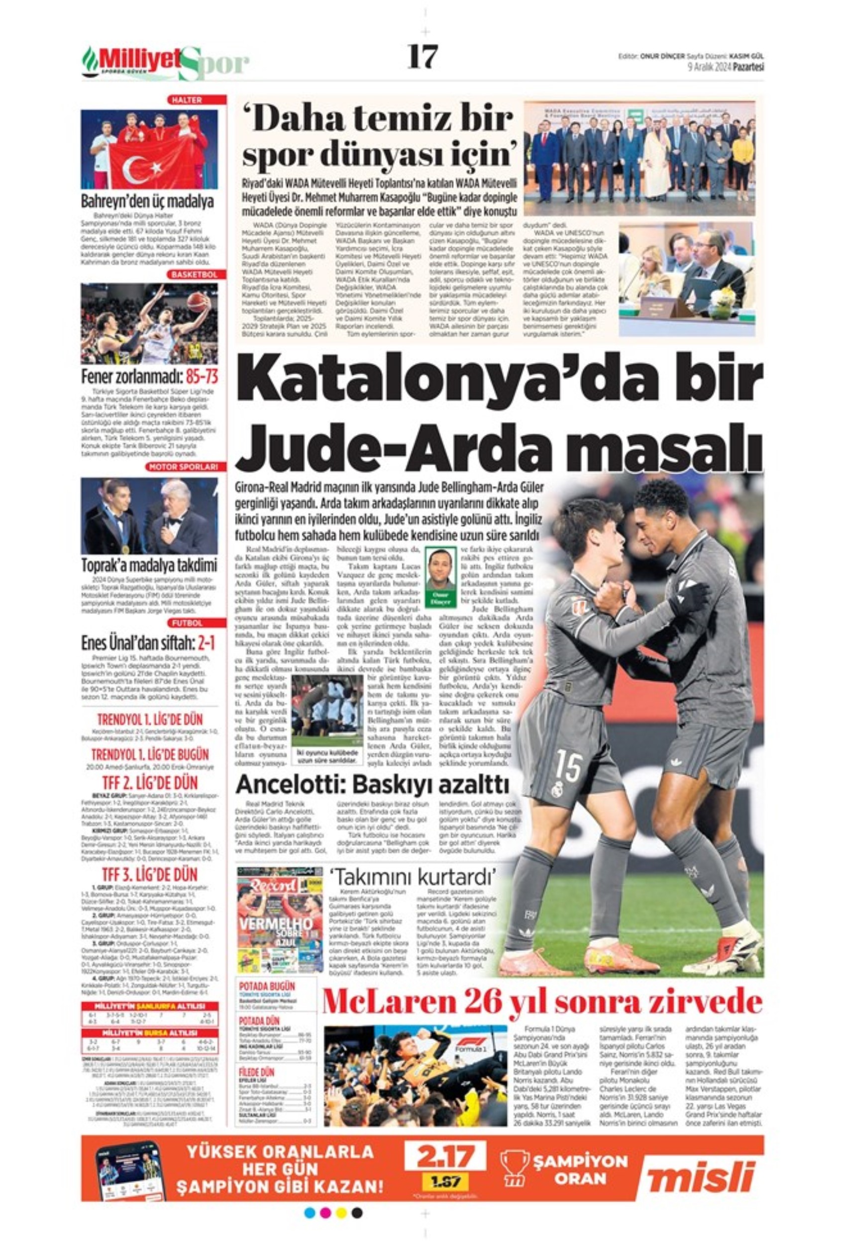 Le prime pagine dello sport (9 dicembre 2024): al Galatasaray 'bastano anche 10 uomini'
