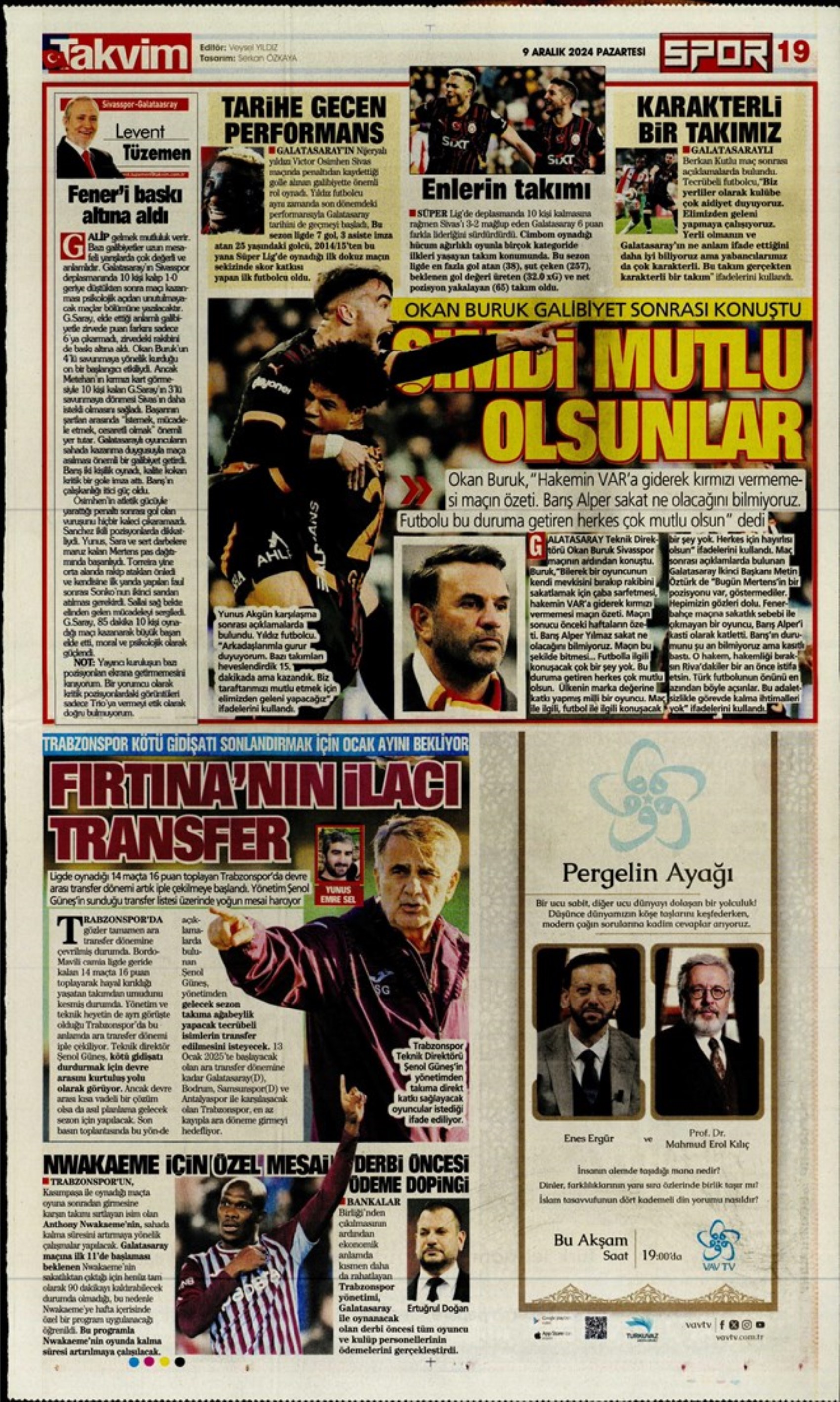 Le prime pagine dello sport (9 dicembre 2024): al Galatasaray 'bastano anche 10 uomini'