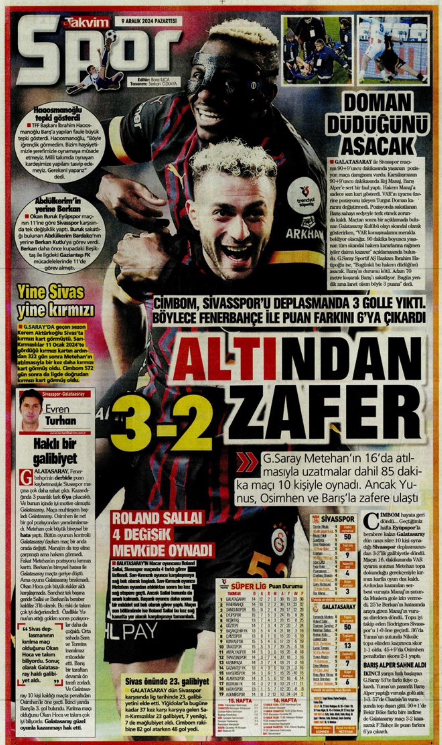 Le prime pagine dello sport (9 dicembre 2024): al Galatasaray 'bastano anche 10 uomini'