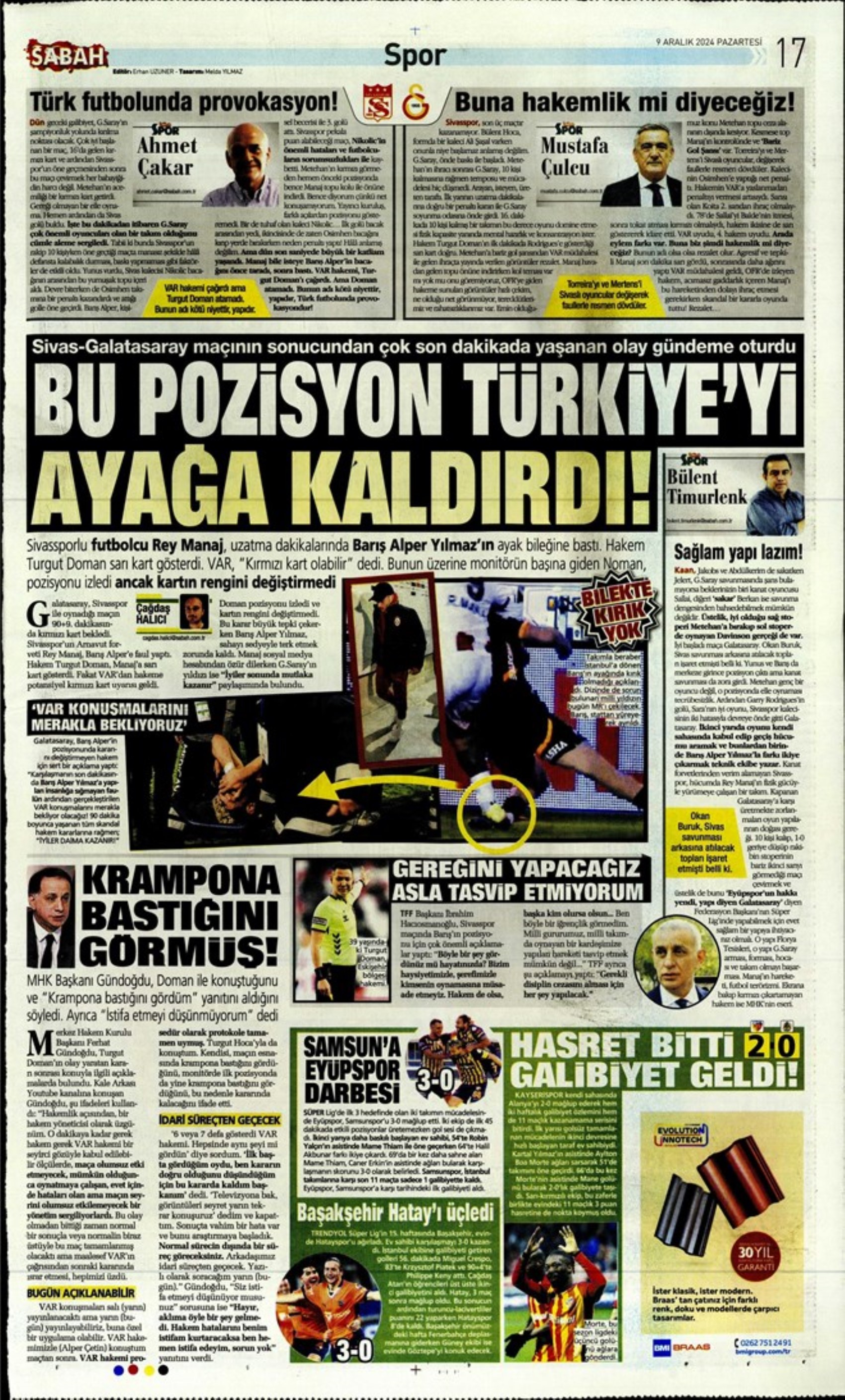 Le prime pagine dello sport (9 dicembre 2024): al Galatasaray 'bastano anche 10 uomini'