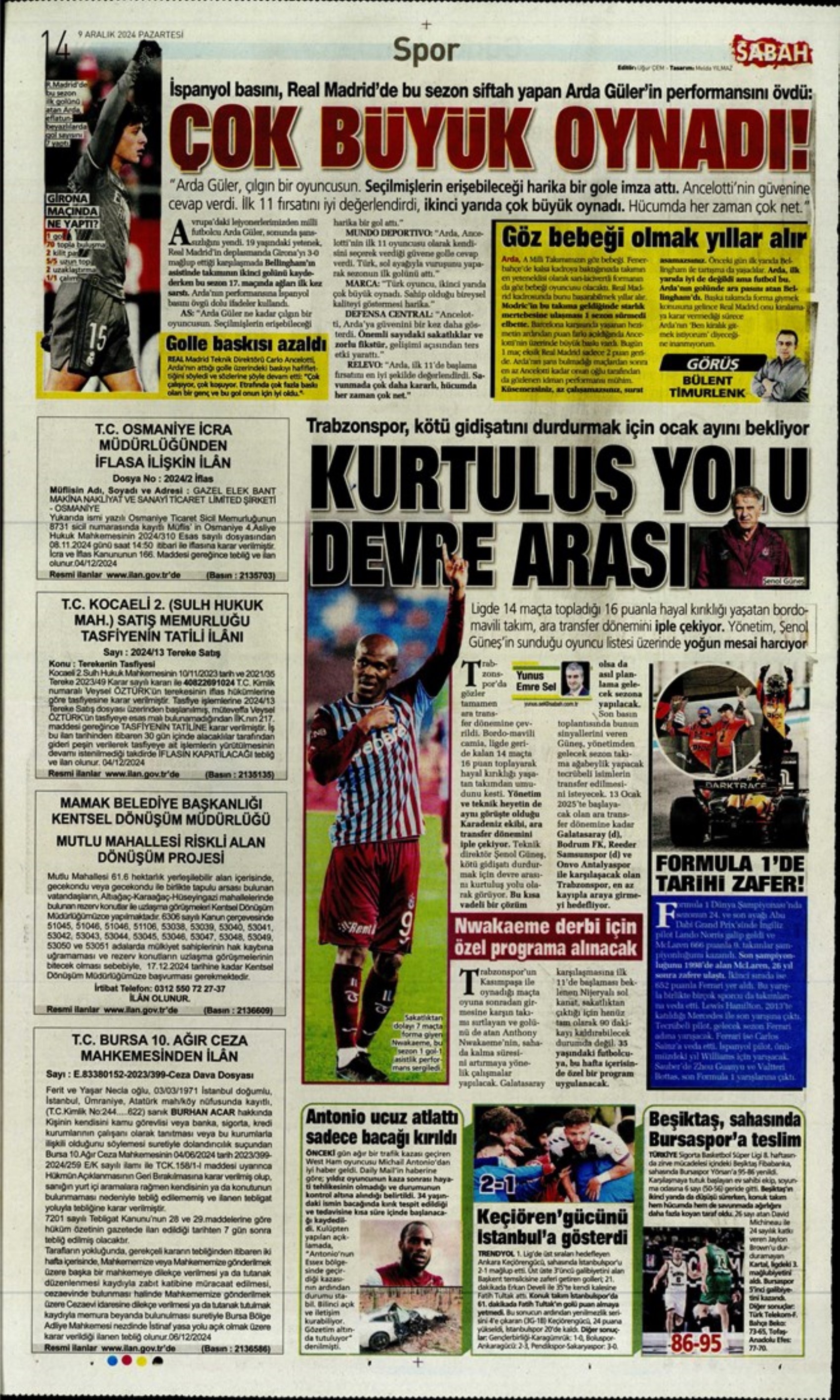 Le prime pagine dello sport (9 dicembre 2024): al Galatasaray 'bastano anche 10 uomini'