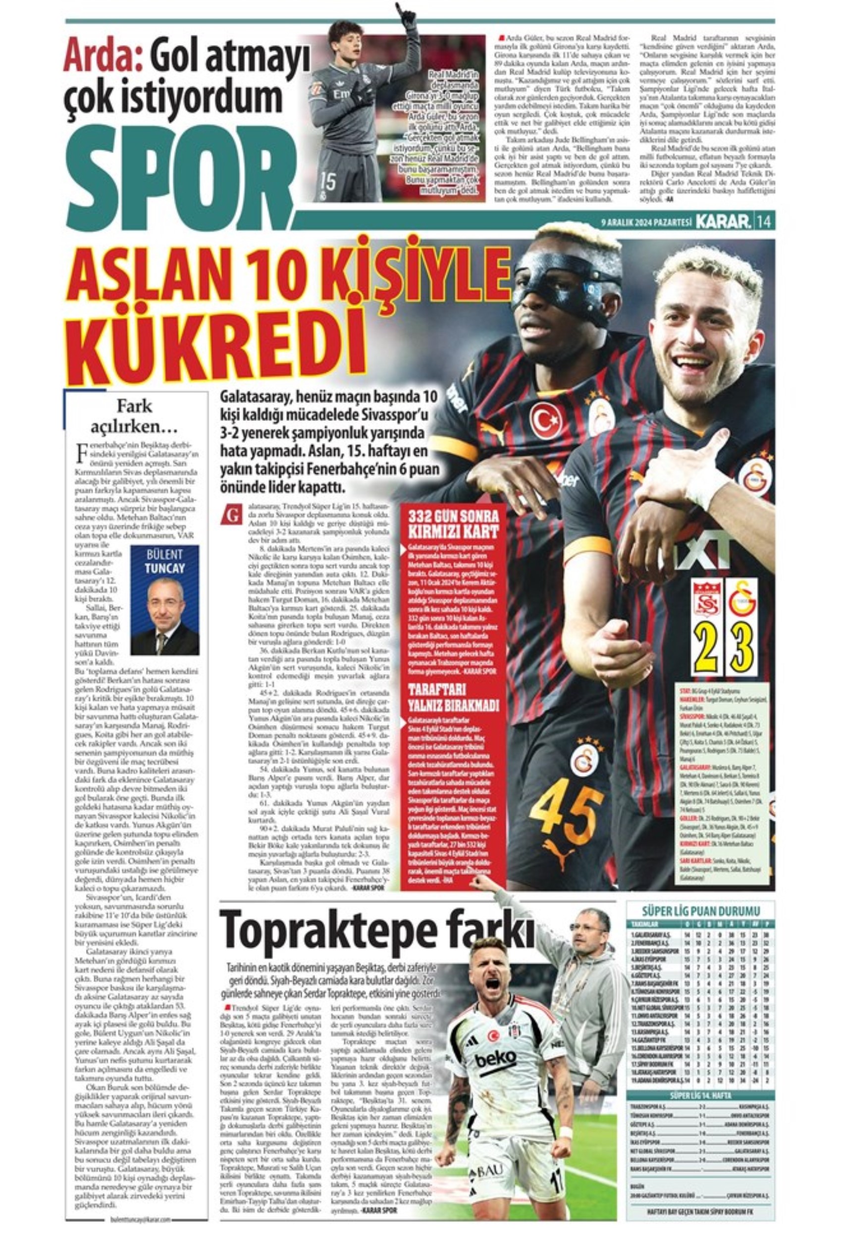 Le prime pagine dello sport (9 dicembre 2024): al Galatasaray 'bastano anche 10 uomini'