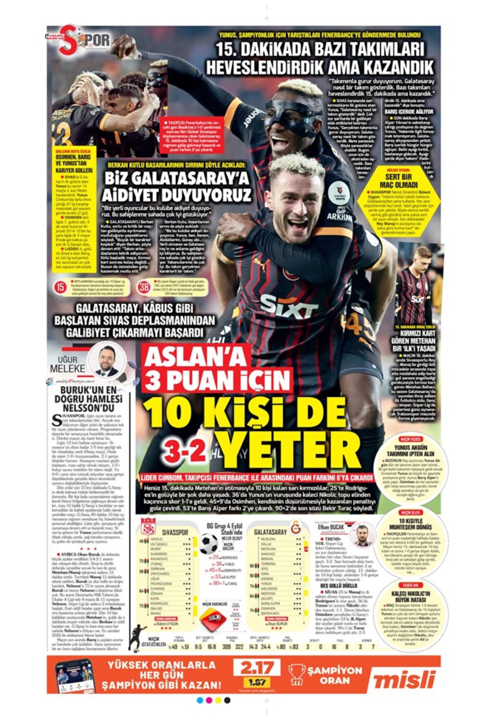 Le prime pagine dello sport (9 dicembre 2024): al Galatasaray 'bastano anche 10 uomini'