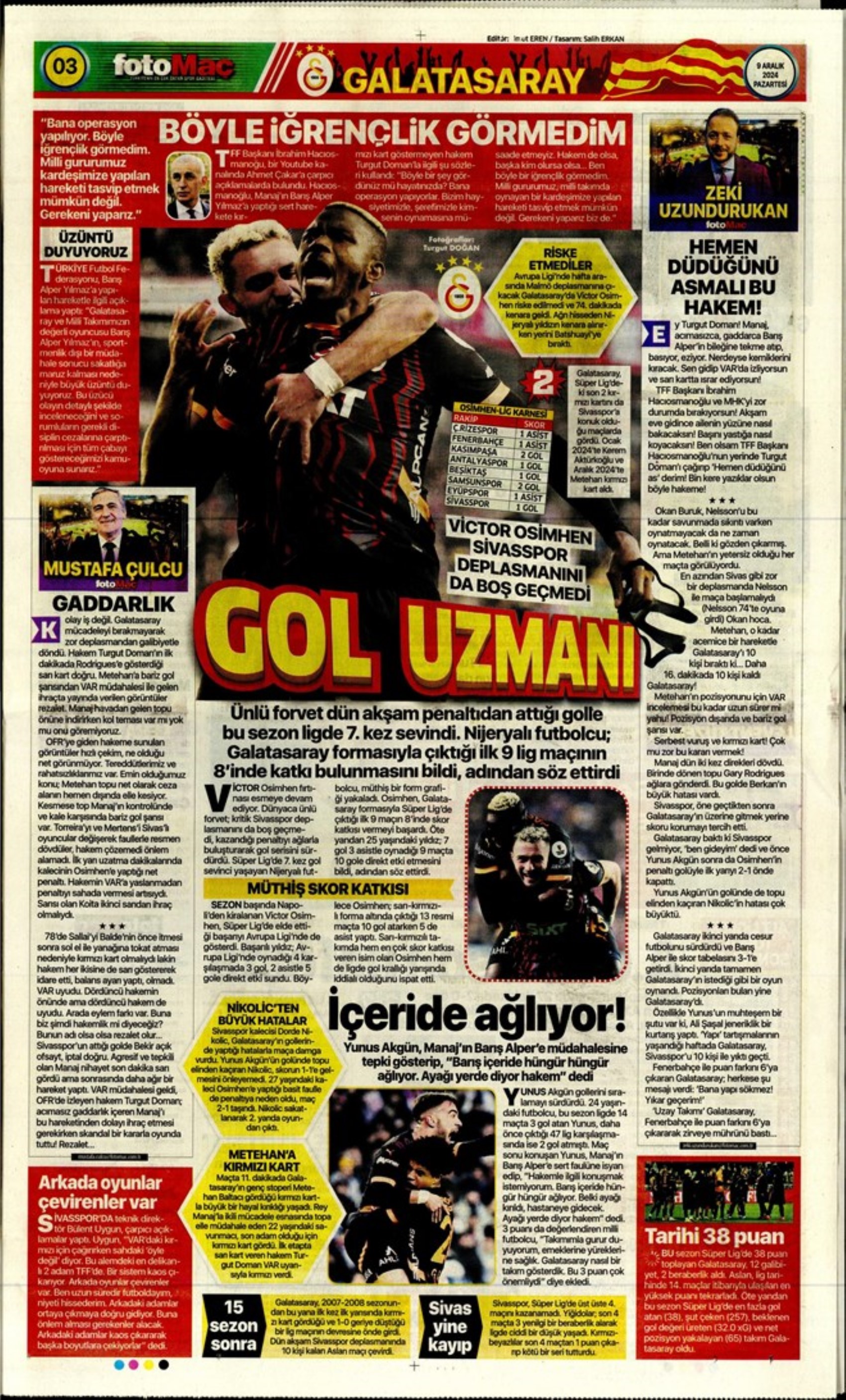 Le prime pagine dello sport (9 dicembre 2024): al Galatasaray 'bastano anche 10 uomini'