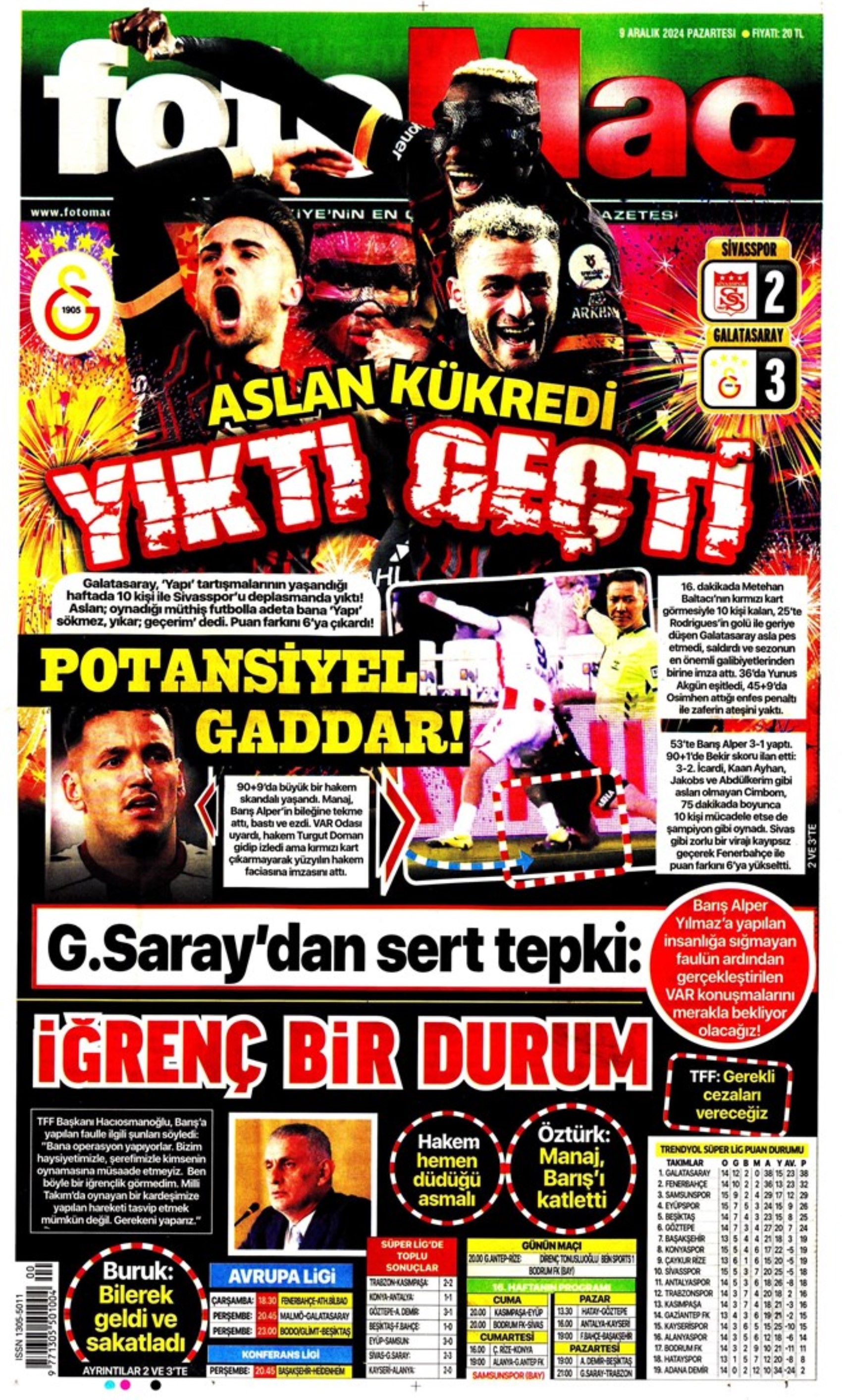 Le prime pagine dello sport (9 dicembre 2024): al Galatasaray 'bastano anche 10 uomini'