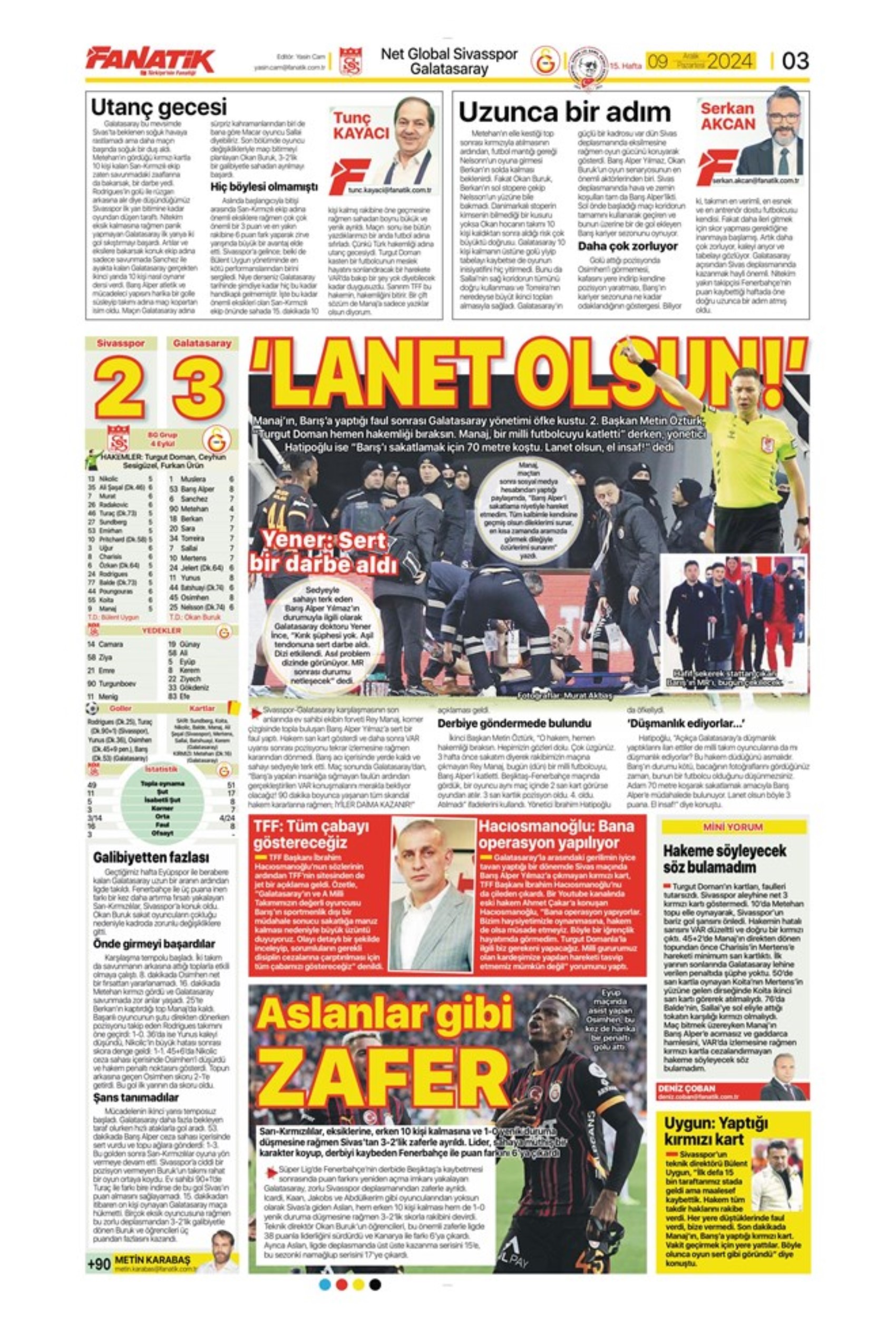 Le prime pagine dello sport (9 dicembre 2024): al Galatasaray 'bastano anche 10 uomini'