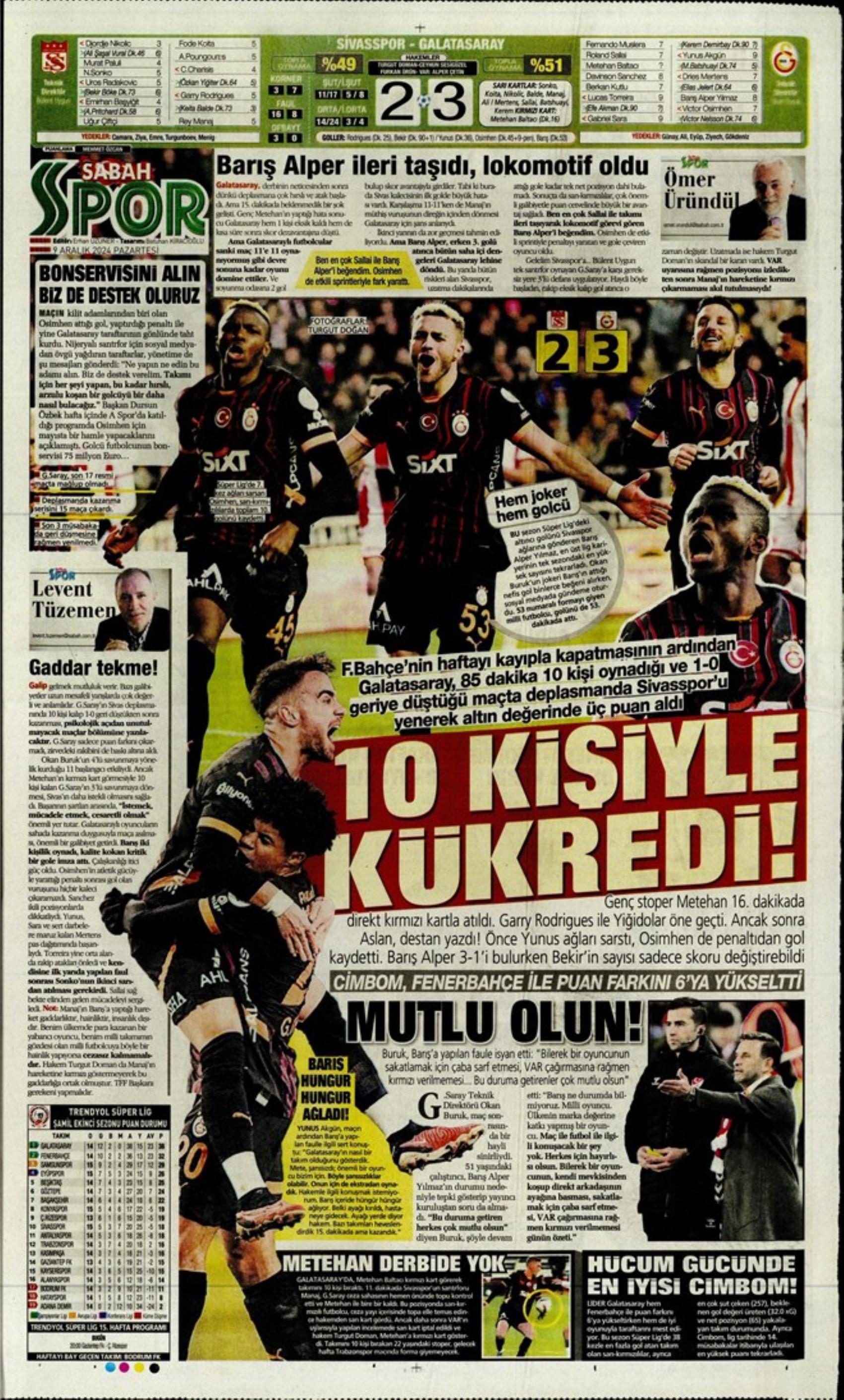 Le prime pagine dello sport (9 dicembre 2024): al Galatasaray 'bastano anche 10 uomini'