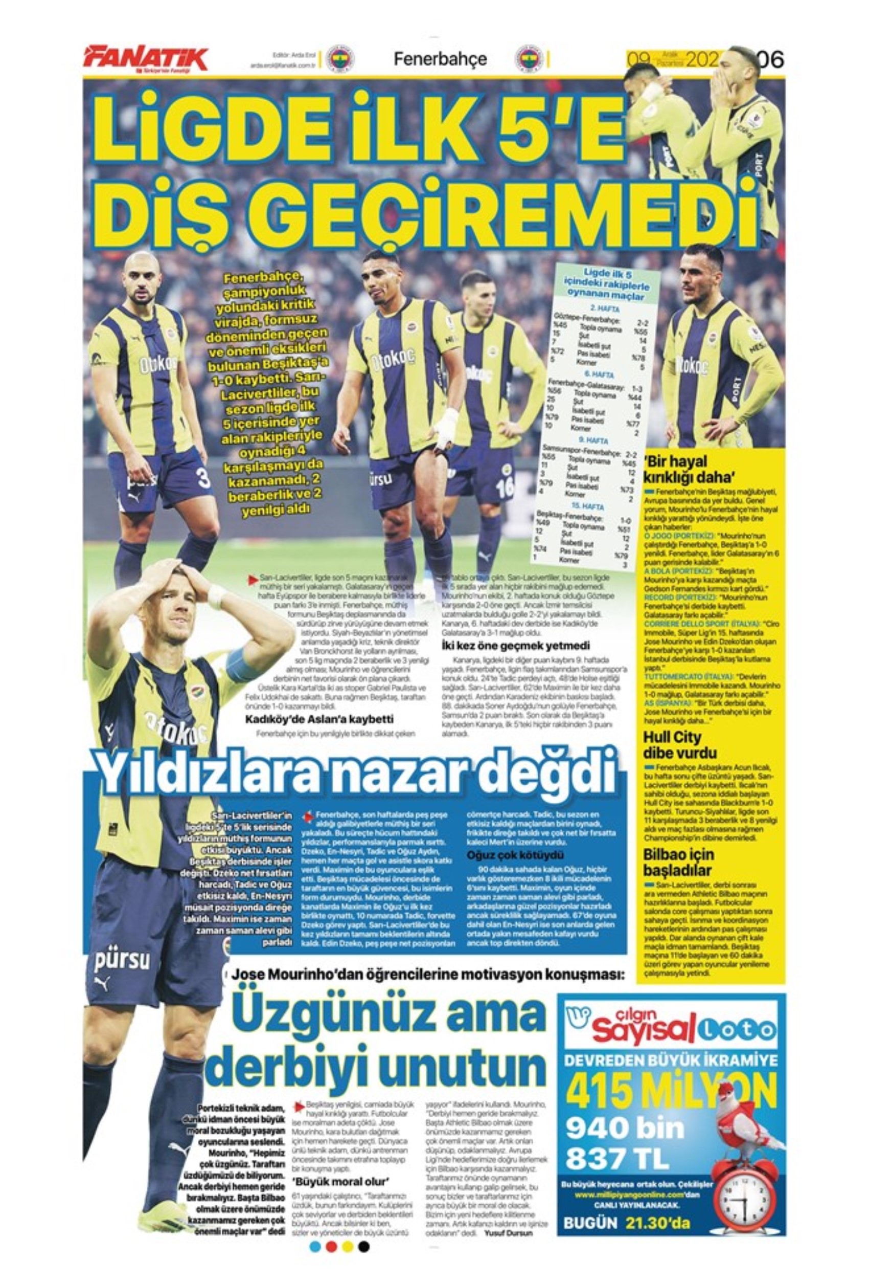 Le prime pagine dello sport (9 dicembre 2024): al Galatasaray 'bastano anche 10 uomini'