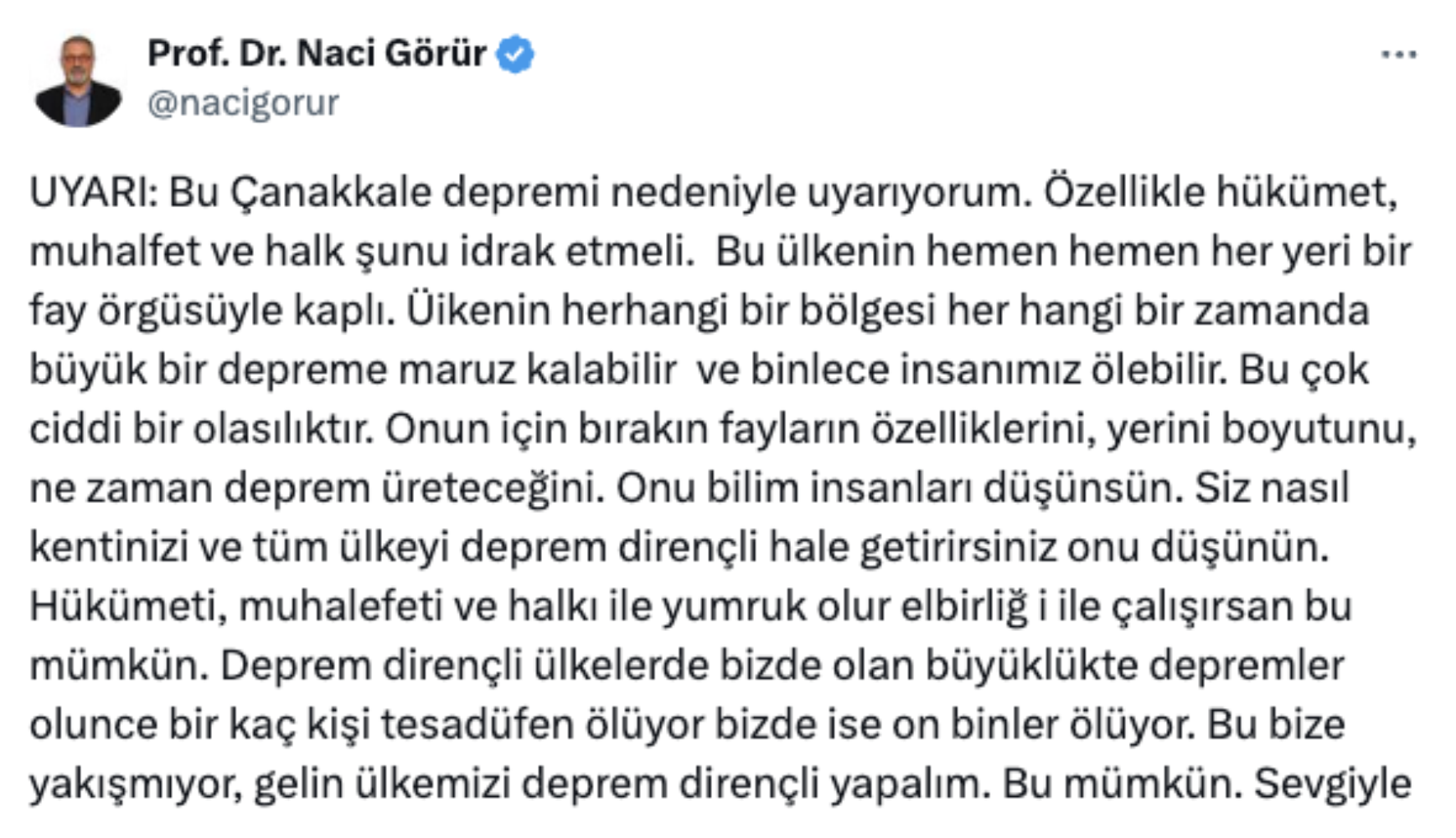 Naci Görür, Çanakkale'deki deprem sonrası Marmara'yı uyardı