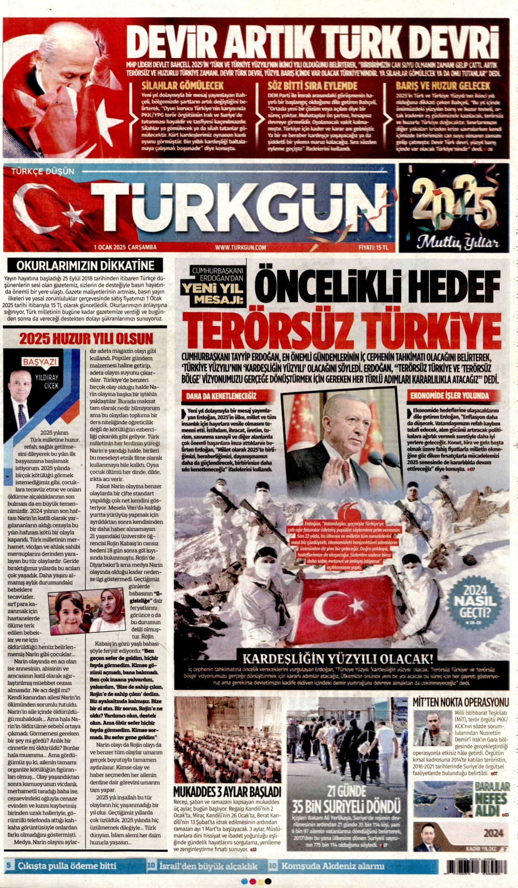 Yeni yıla girerken yandaş medyadan terörsüz Türkiye mesajı: İşte 1 Ocak 2025 gazete manşetleri