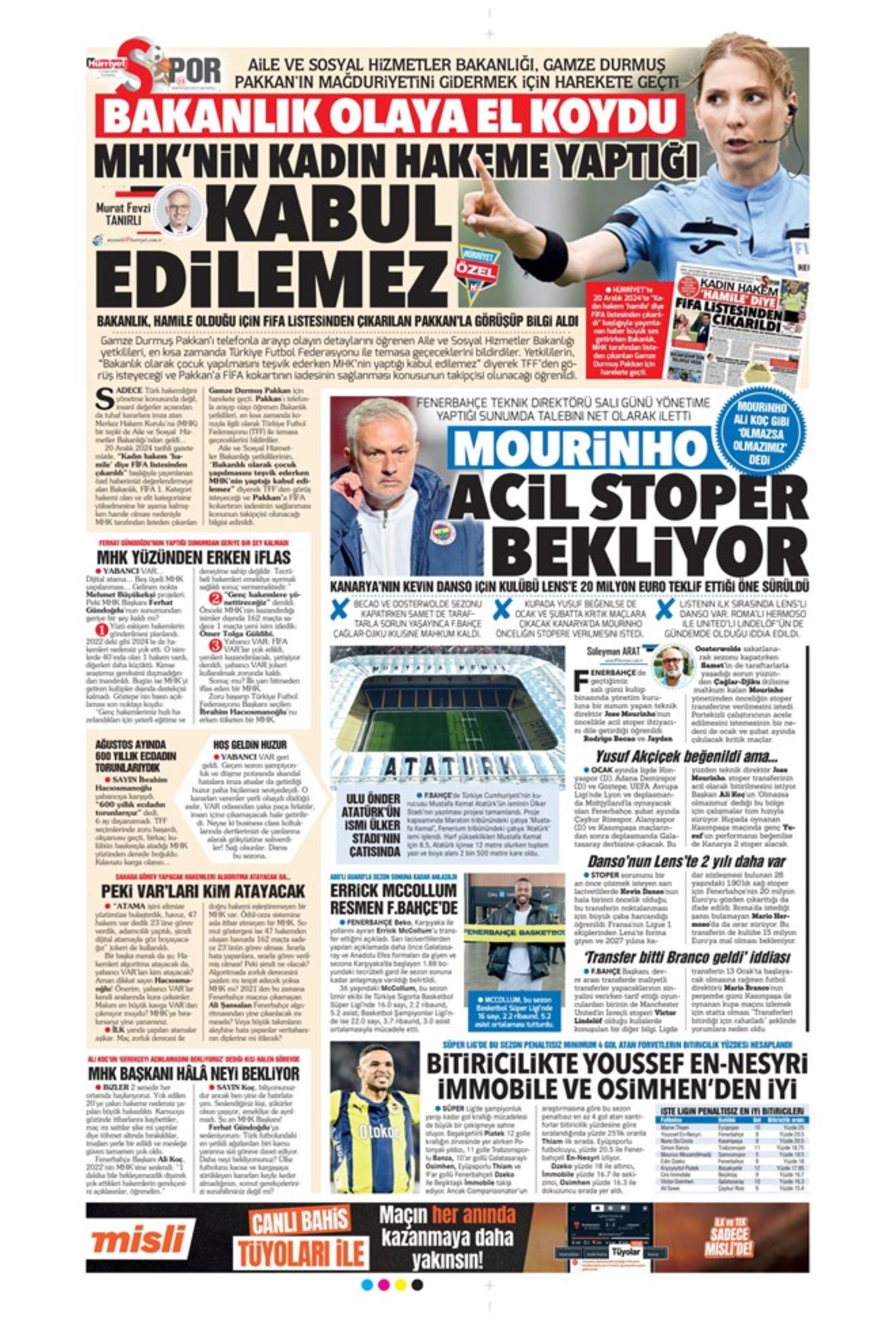 Mourinho attende urgentemente un difensore centrale... Il Galatasaray punta su Gouiri: le prime pagine sportive dell'11 gennaio