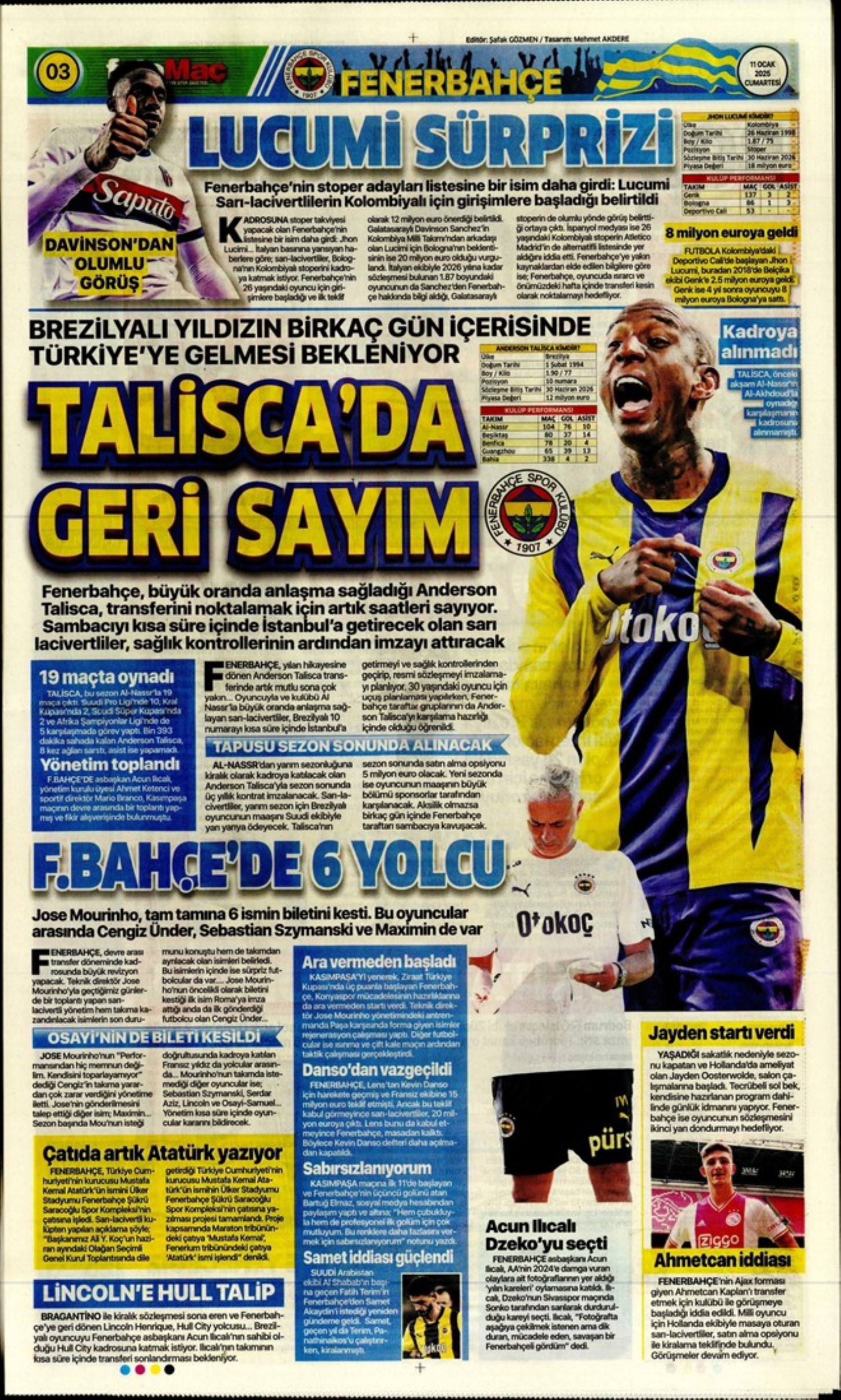 Mourinho attende urgentemente un difensore centrale... Il Galatasaray punta su Gouiri: le prime pagine sportive dell'11 gennaio