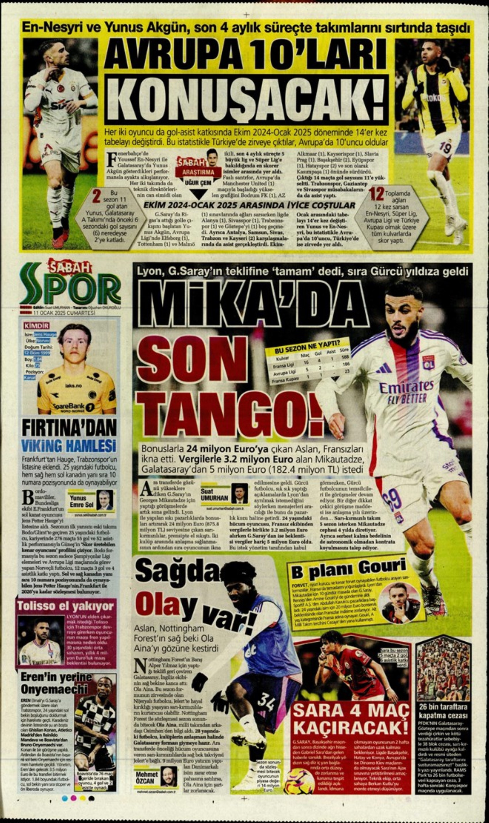 Mourinho attende urgentemente un difensore centrale... Il Galatasaray punta su Gouiri: le prime pagine sportive dell'11 gennaio
