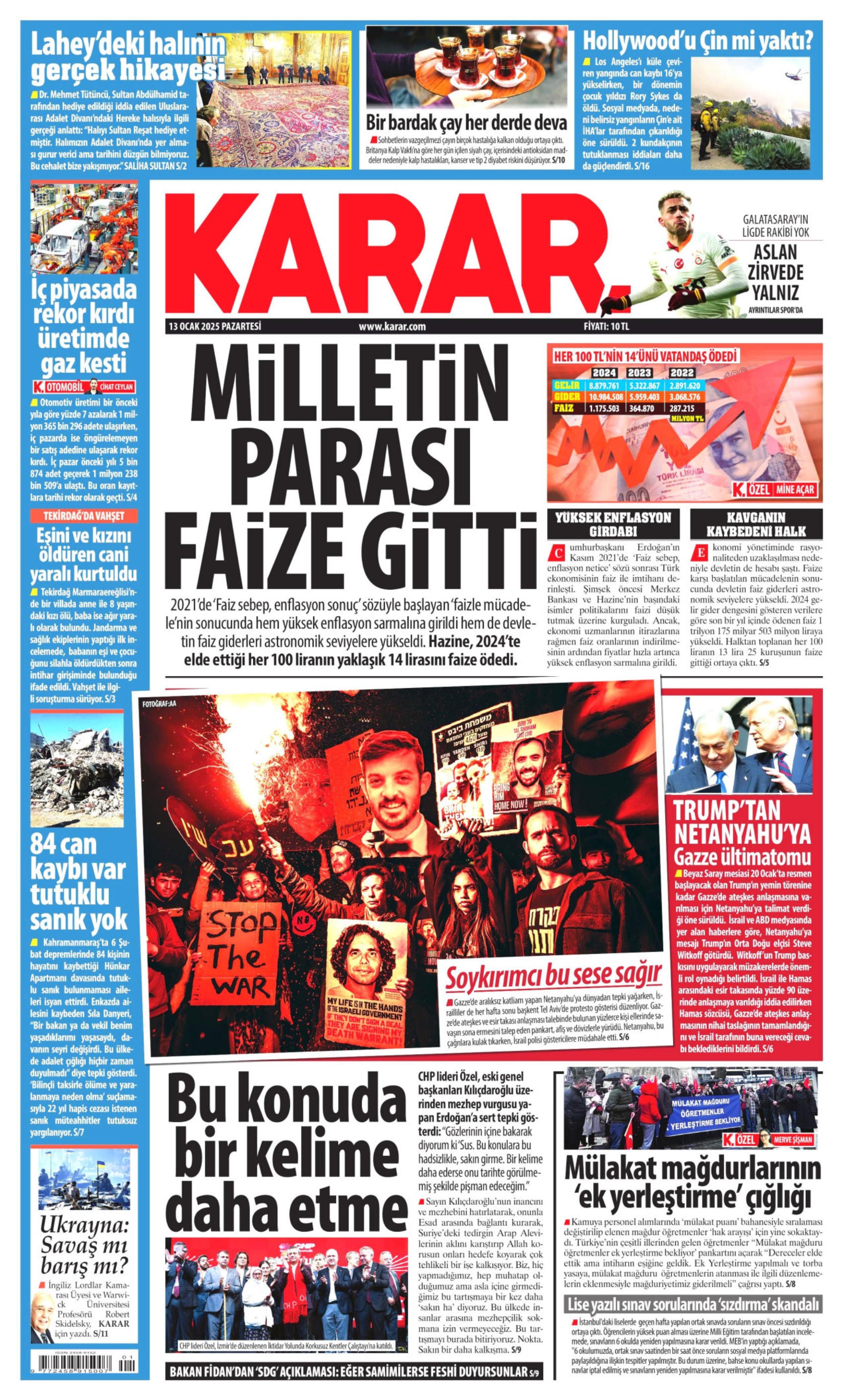 13 Ocak 2025 gazete manşetleri: ‘Milletin parası faize gitti’, ‘Hem maaş vermiyor hem tehdit ediyor’, ‘Rizeliler Erdoğan’a kırmızı kart gösterdi’