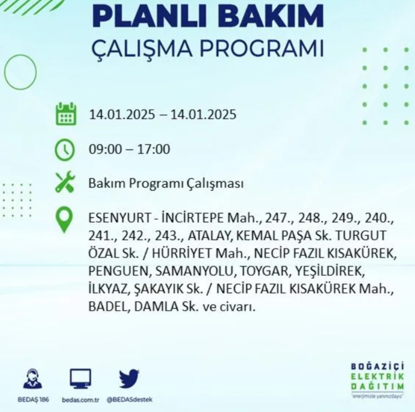 BEDAŞ açıkladı... İstanbul'da elektrik kesintisi: 14 Ocak'ta hangi mahalleler etkilenecek?