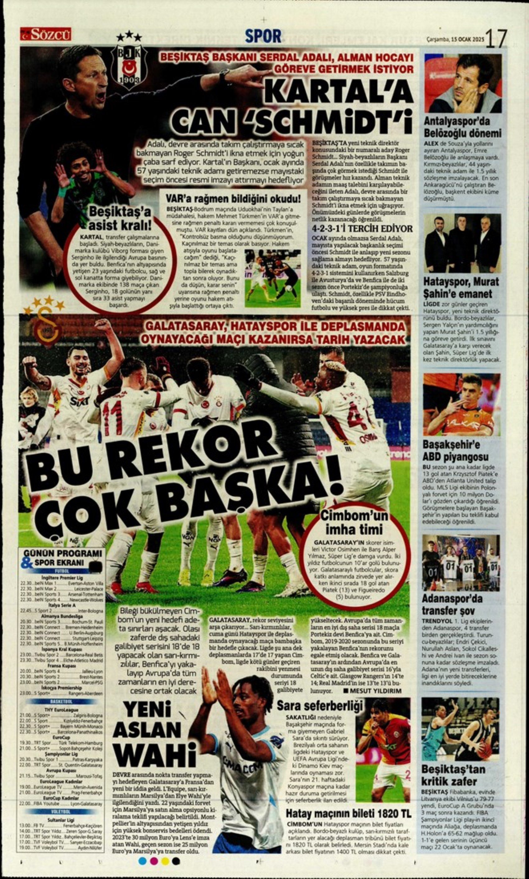 15 Ocak sporun manşetleri... Fenerbahçe'de stoper harekatı: Galatasaray'da İlkay'a özel çağrı