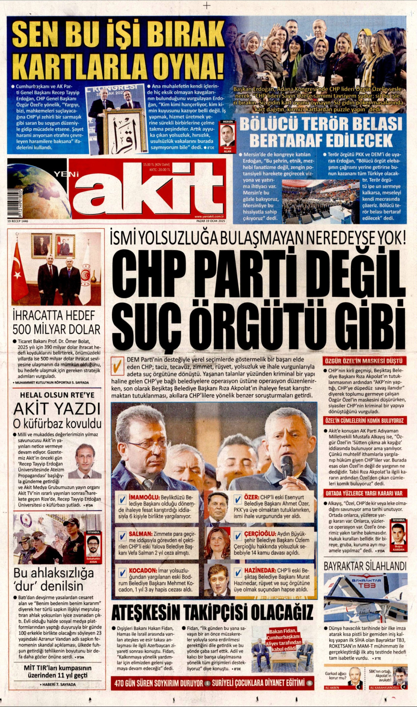 19 Ocak 2025 gazete manşetleri: Erdoğan ve Özel arasındaki 'turp' polemiği gazetelerde