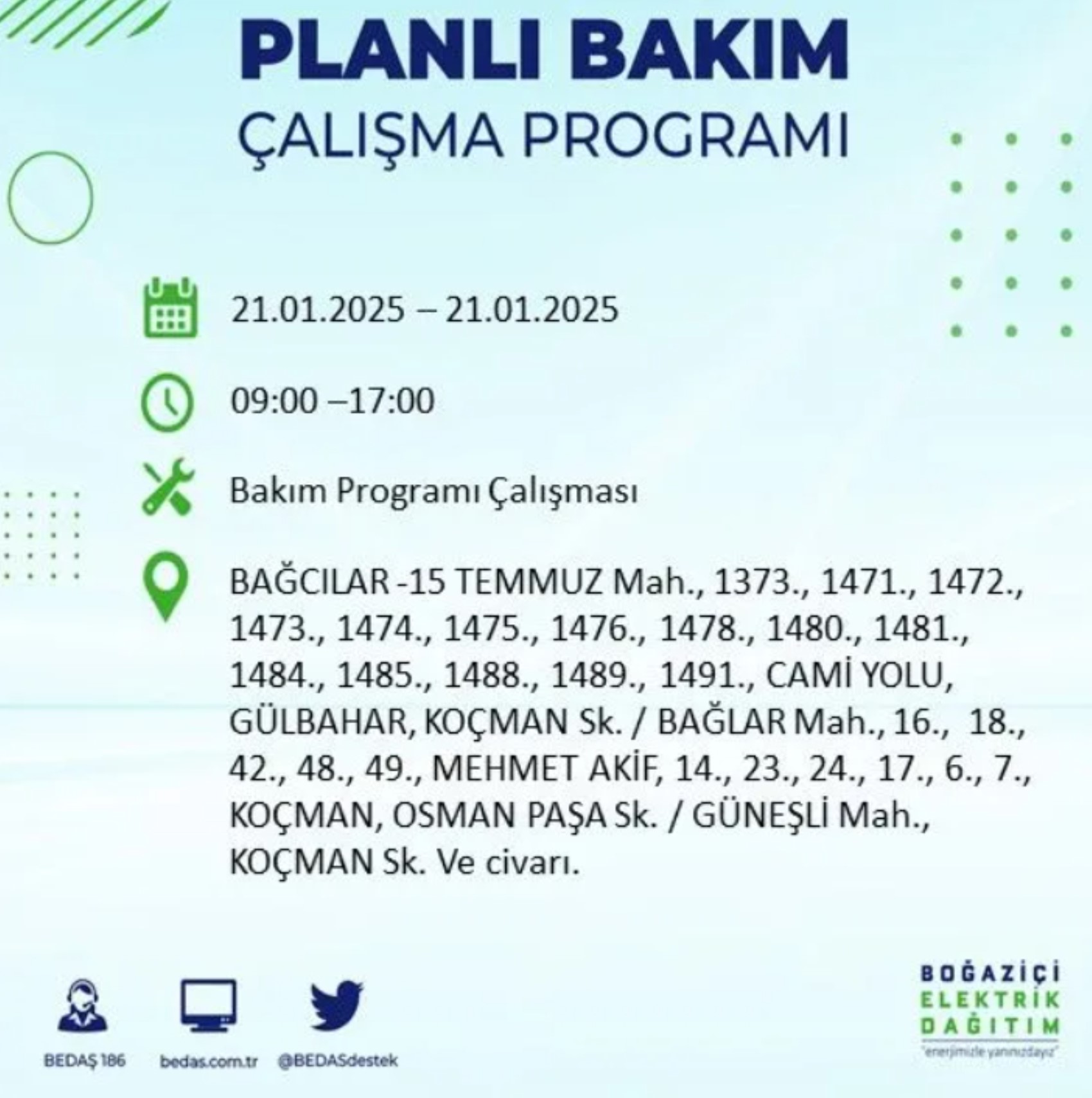 BEDAŞ açıkladı... İstanbul'da elektrik kesintisi: 21 Ocak'ta hangi mahalleler etkilenecek?