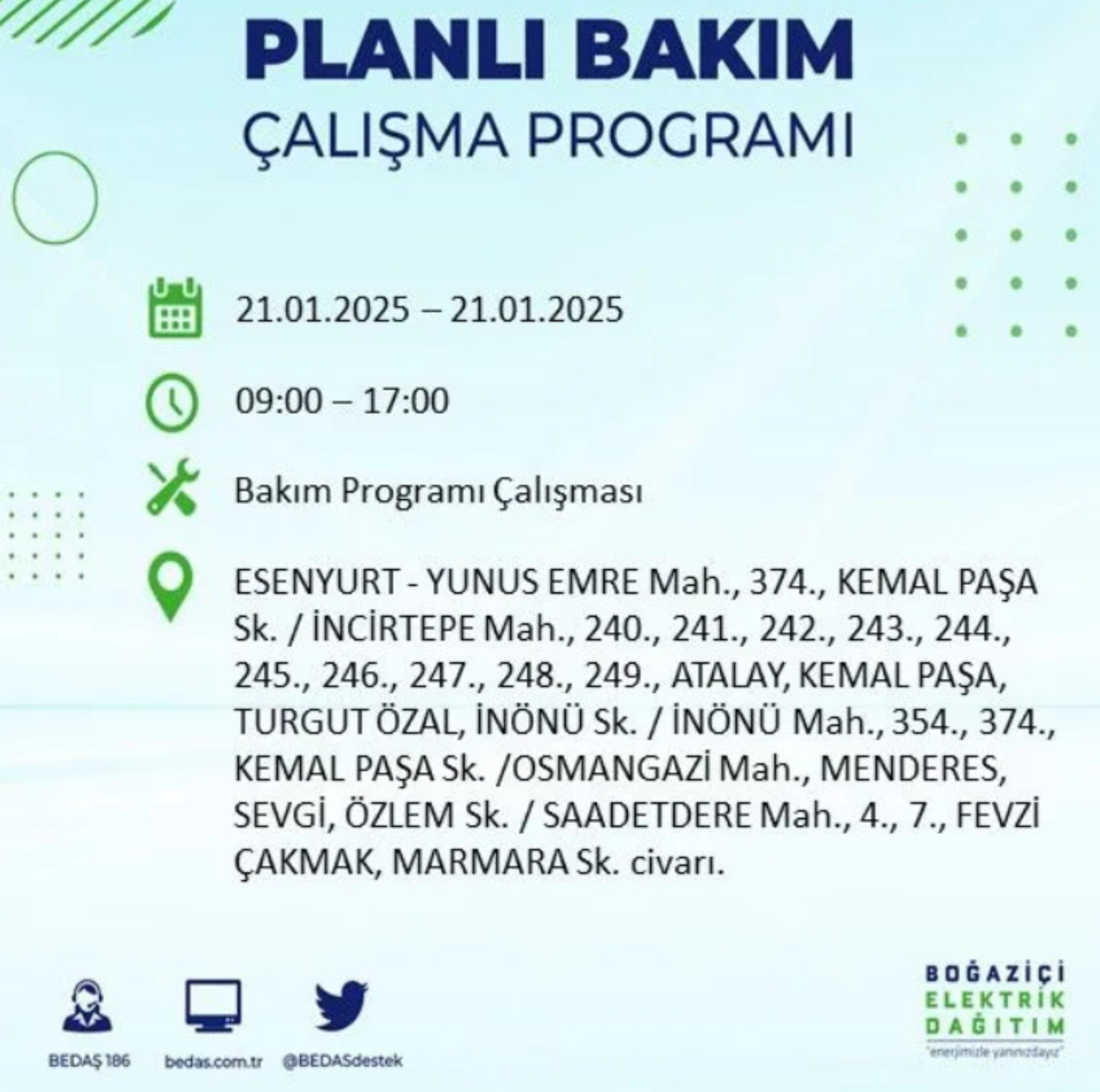 BEDAŞ açıkladı... İstanbul'da elektrik kesintisi: 21 Ocak'ta hangi mahalleler etkilenecek?