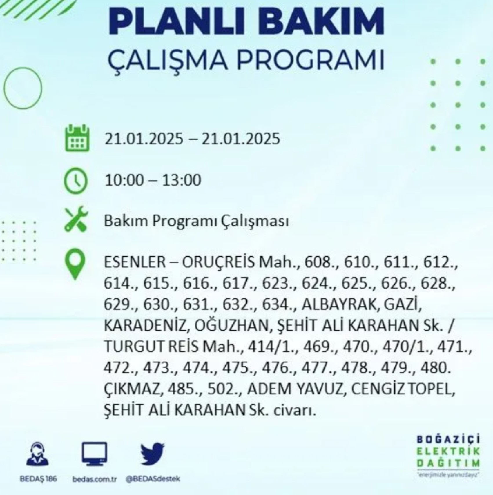 BEDAŞ açıkladı... İstanbul'da elektrik kesintisi: 21 Ocak'ta hangi mahalleler etkilenecek?