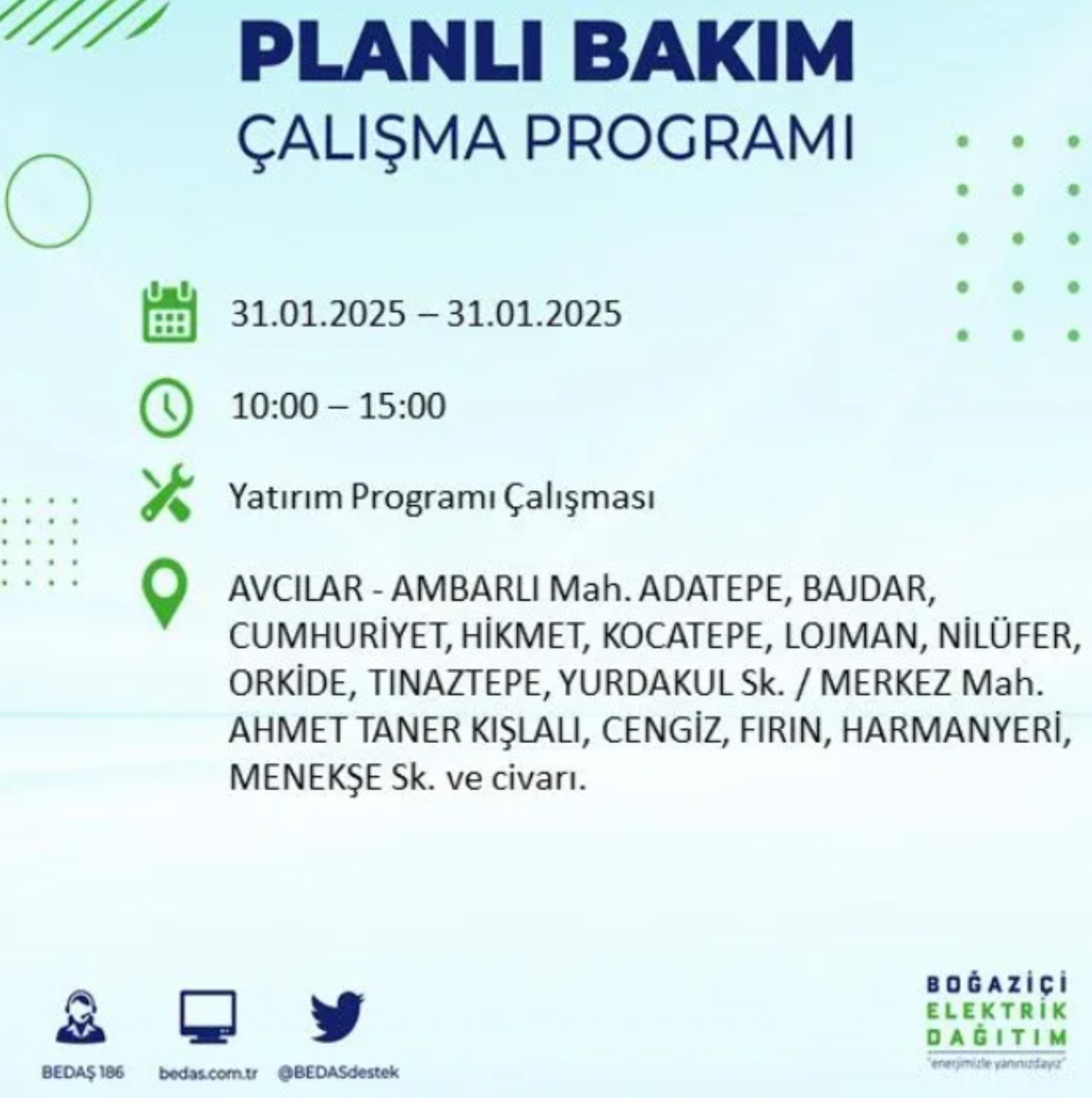 BEDAŞ açıkladı... İstanbul'da elektrik kesintisi: 31 Ocak'ta hangi mahalleler etkilenecek?