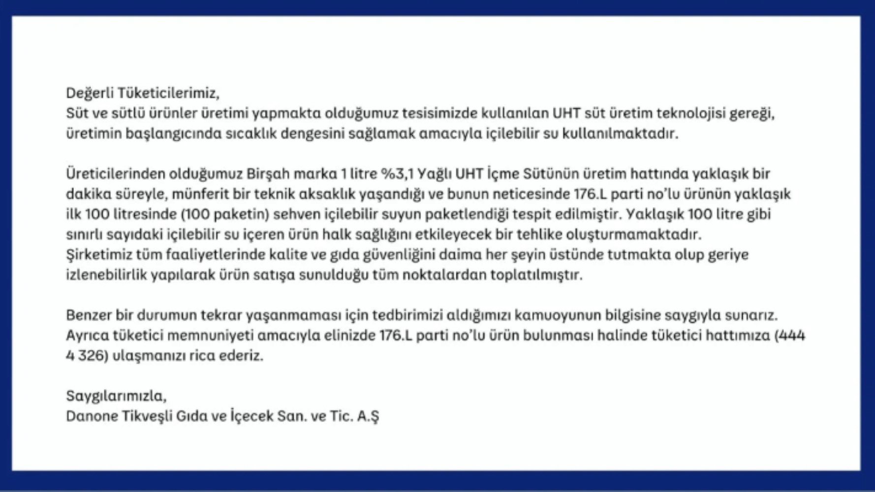 Danone'den Birşah sütlerinin toplanma sebebine dair çarpıcı açıklama! 'Yanlışlıkla su koymuşuz!'