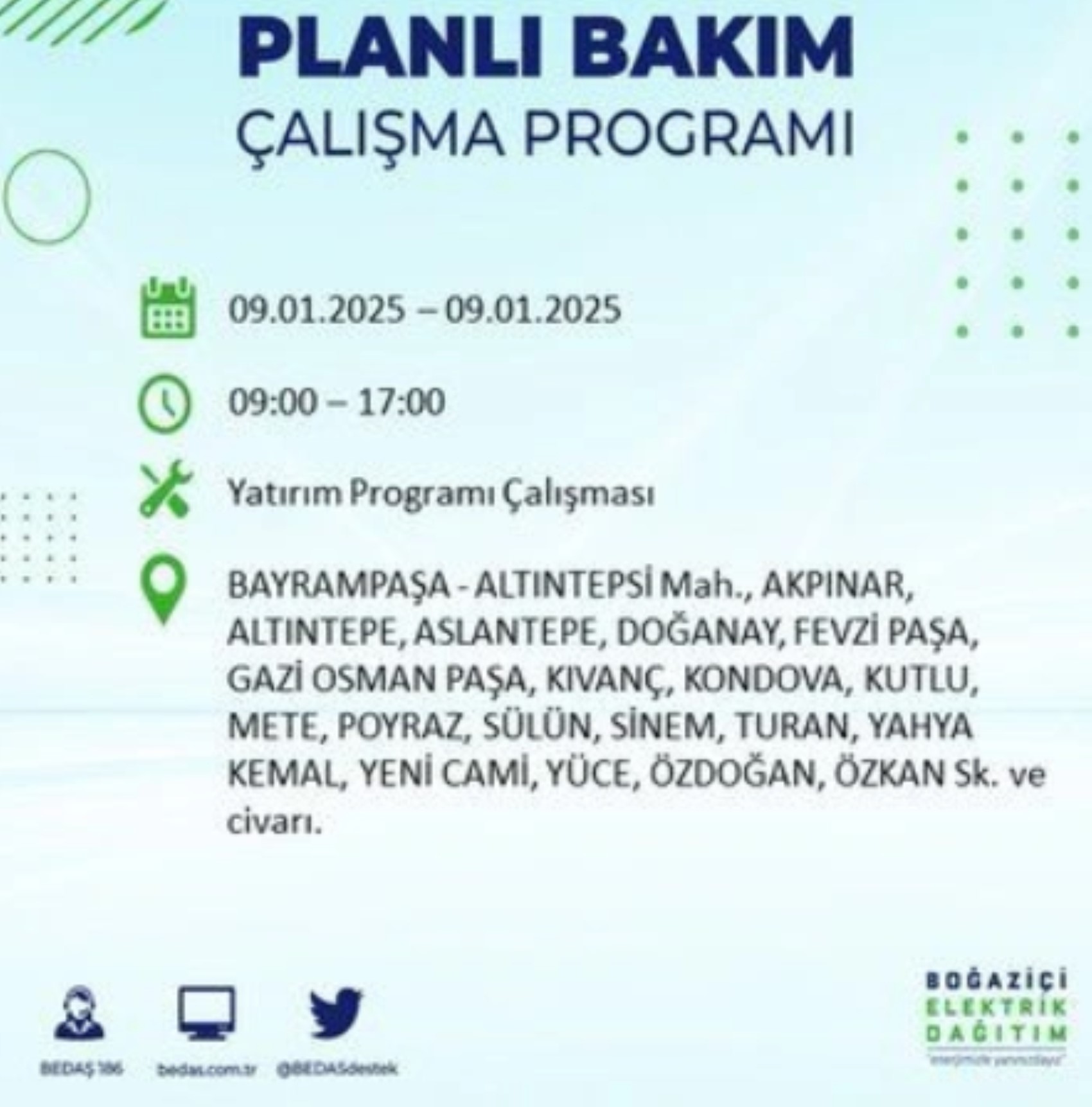 BEDAŞ açıkladı... İstanbul'da elektrik kesintisi: 9 Ocak'ta hangi mahalleler etkilenecek?