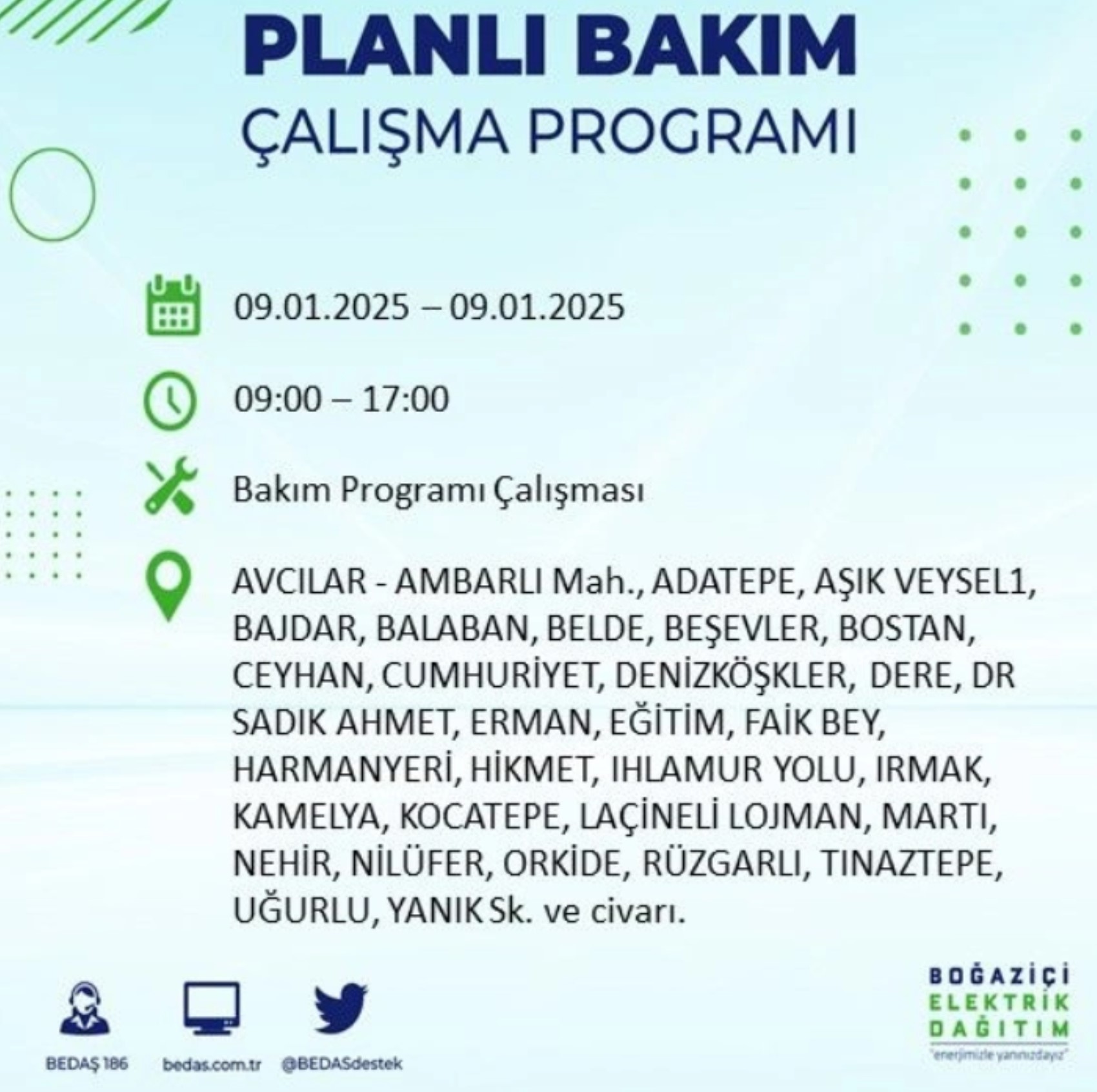 BEDAŞ açıkladı... İstanbul'da elektrik kesintisi: 9 Ocak'ta hangi mahalleler etkilenecek?