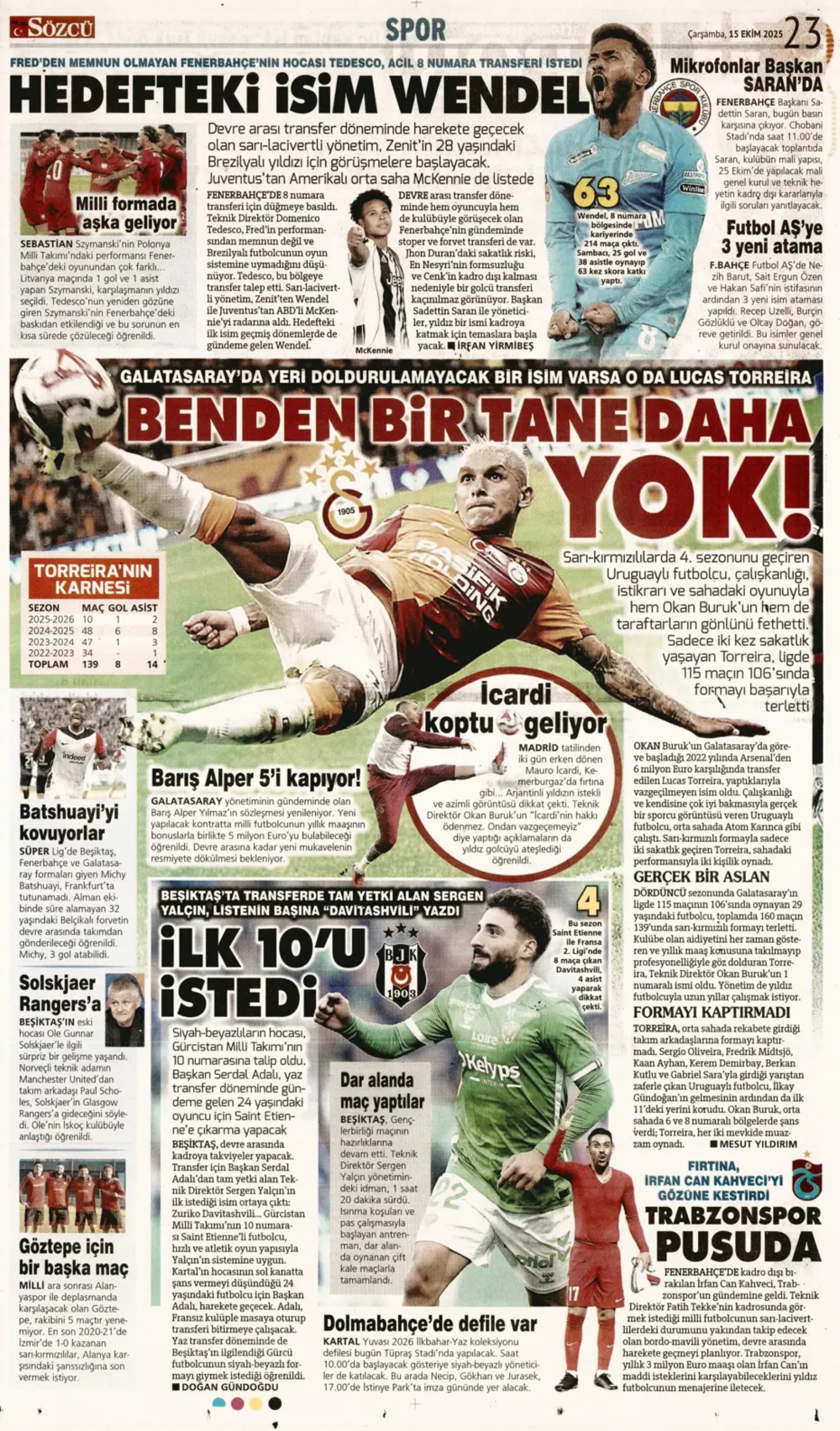 Sporda günün manşetleri... Fenerbahçe'de gözler Sadettin Saran'da