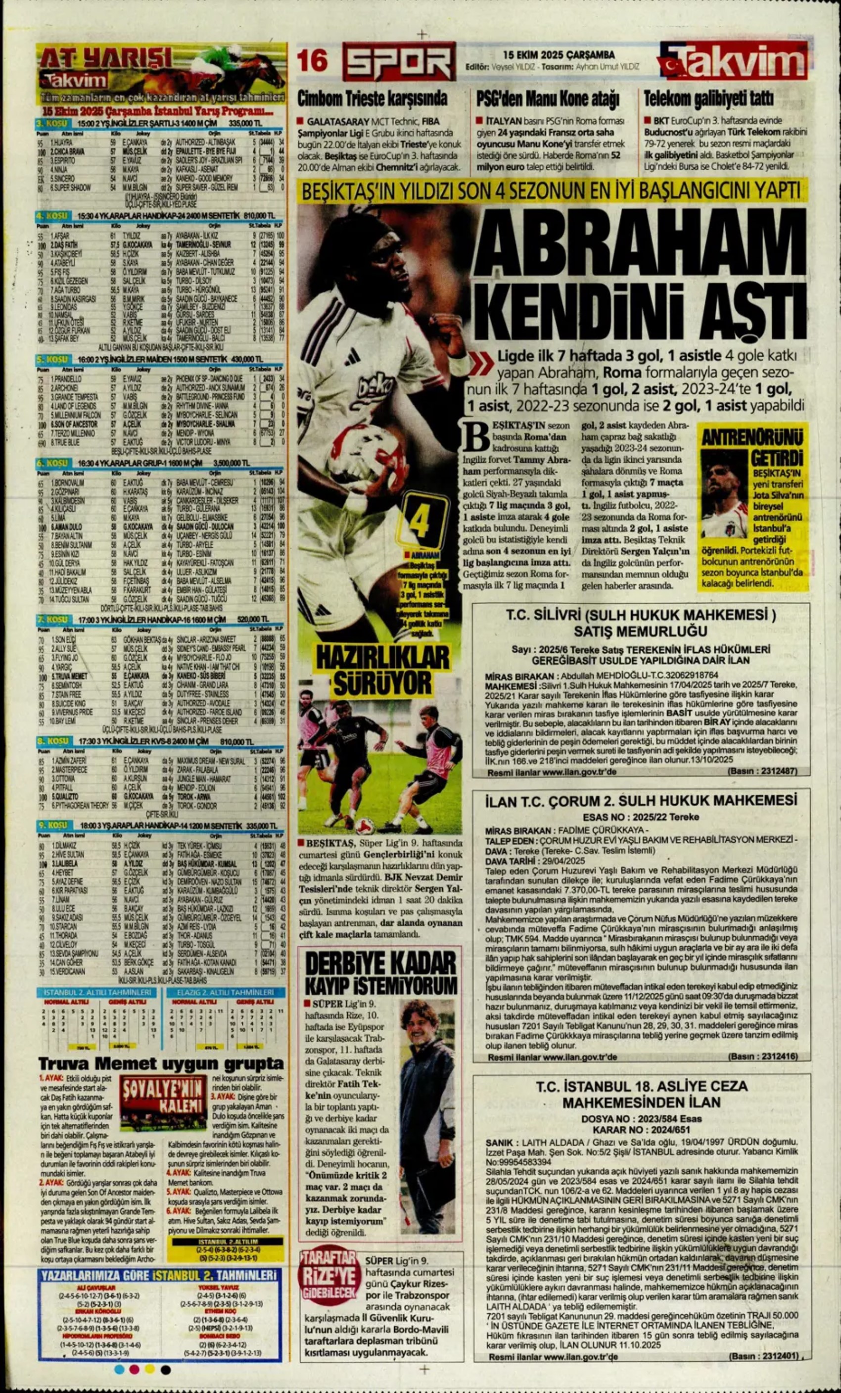 Sporda günün manşetleri... Fenerbahçe'de gözler Sadettin Saran'da