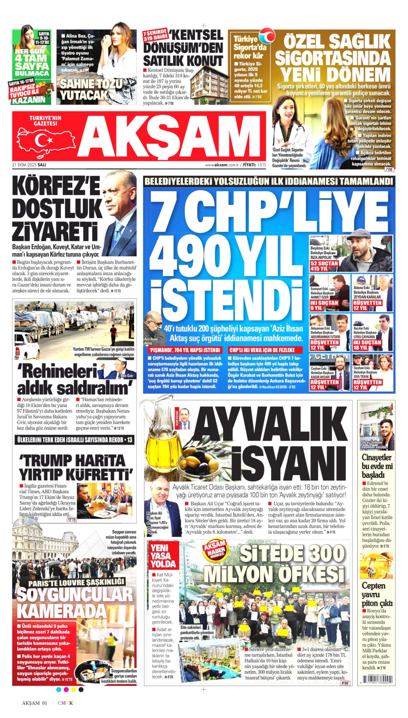 21 Ekim 2025 gazete manşetleri: Gazeteler Aziz İhsan Aktaş iddianamesini nasıl gördü?