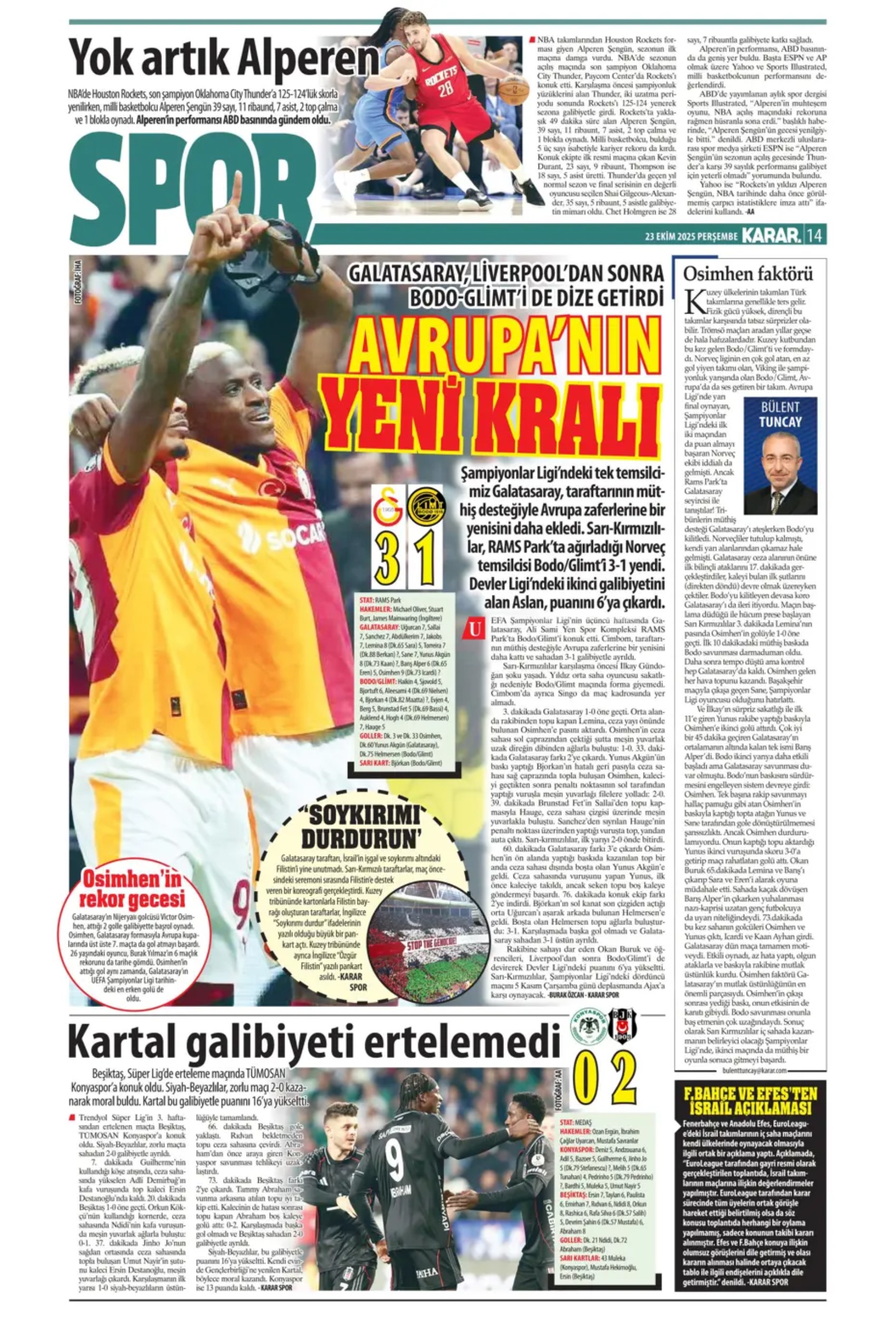 Sporda günün manşetleri... Şampiyonları Ligi'nde Galatasaray'ın gecesi