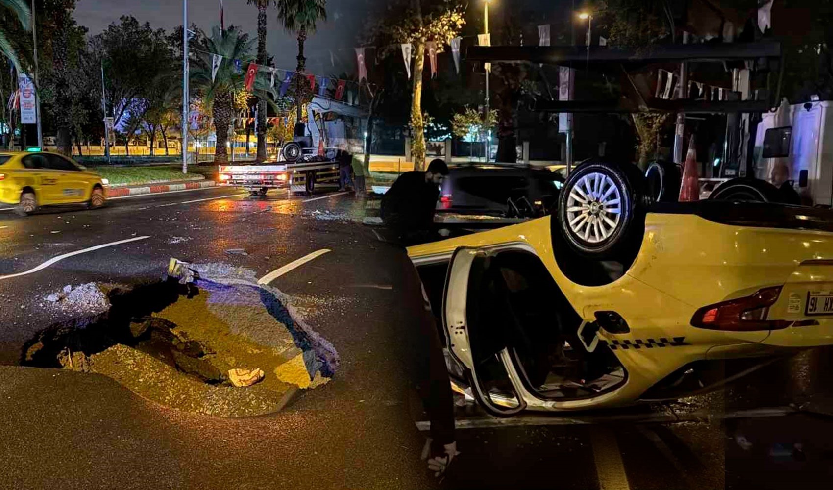 İstanbul'da sağanak: Vatan Caddesi'nde yol çöktü, ticari taksi takla attı
