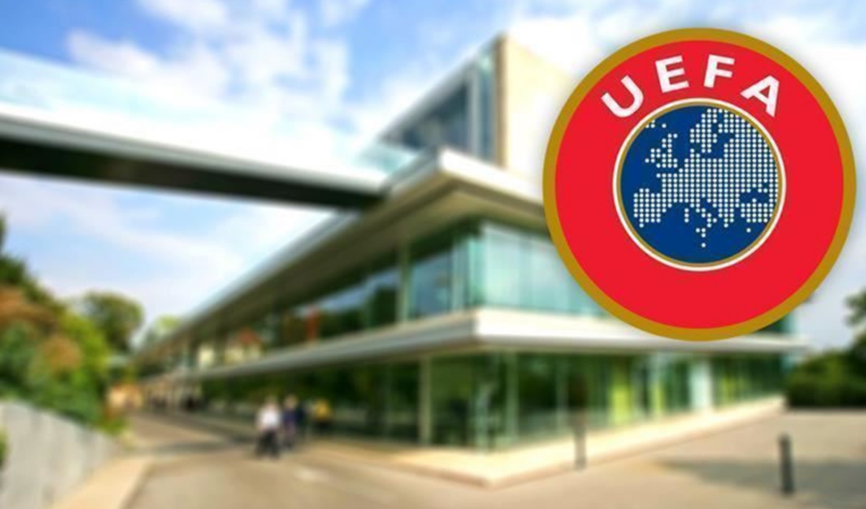 UEFA logosu ve kurum binası arka planlı görsel.