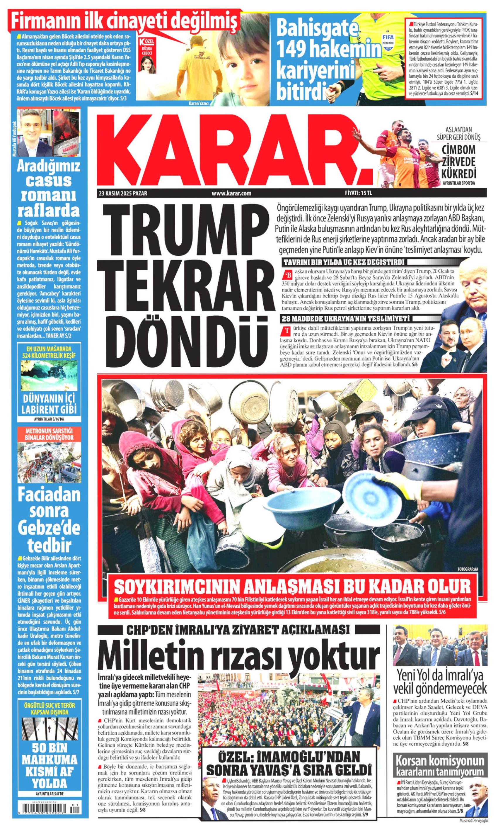 23 Kasım 2025 gazete manşetleri: Yandaş Yeni Akit'in hedefinde Mansur Yavaş var