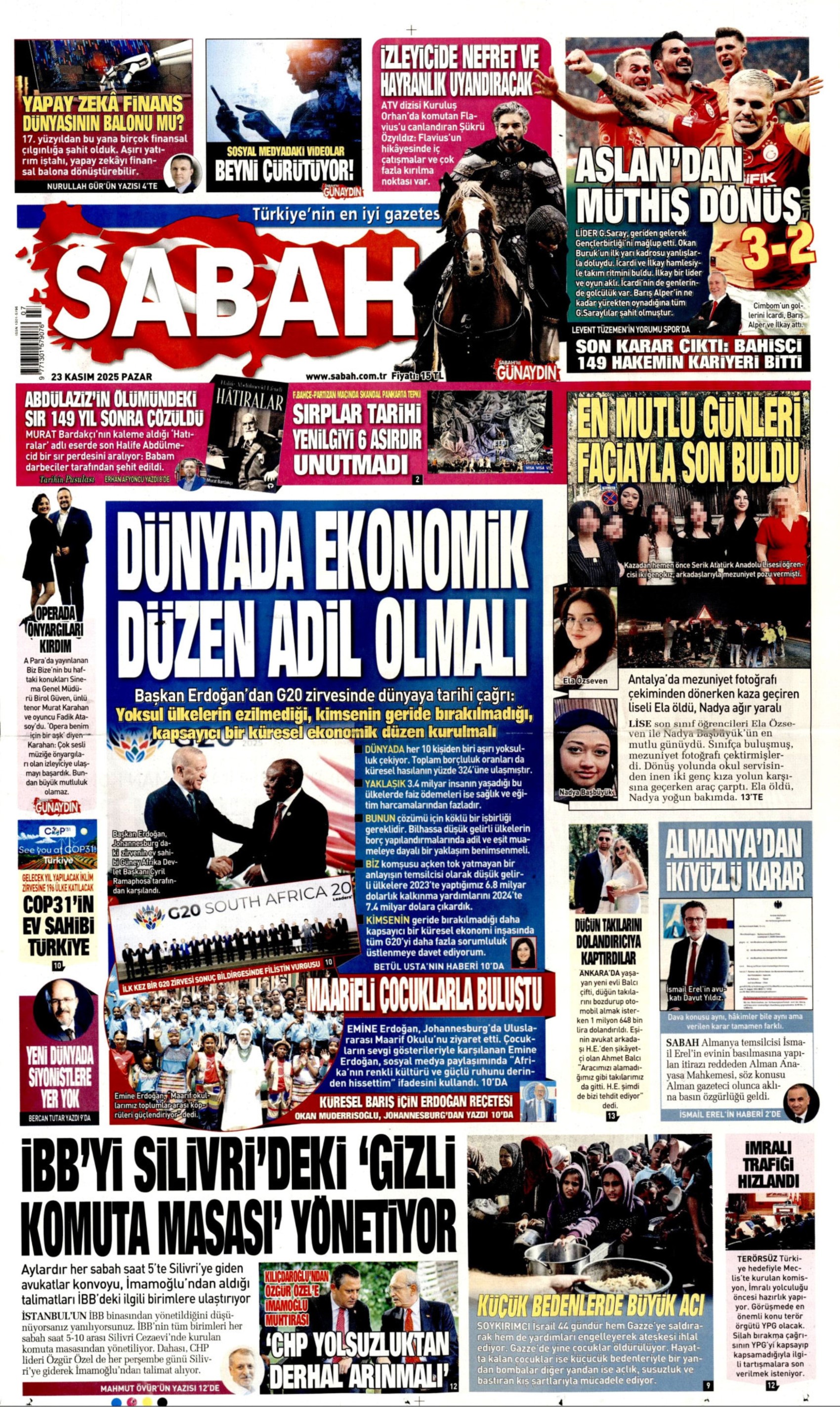 23 Kasım 2025 gazete manşetleri: Yandaş Yeni Akit'in hedefinde Mansur Yavaş var