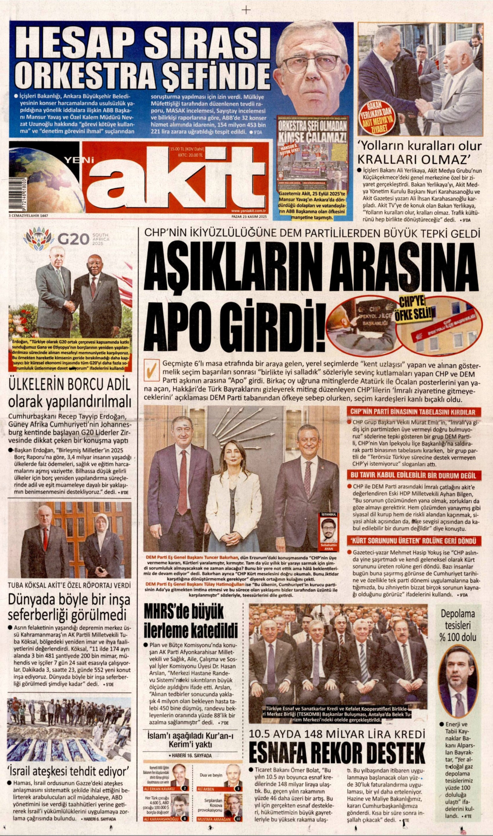 23 Kasım 2025 gazete manşetleri: Yandaş Yeni Akit'in hedefinde Mansur Yavaş var
