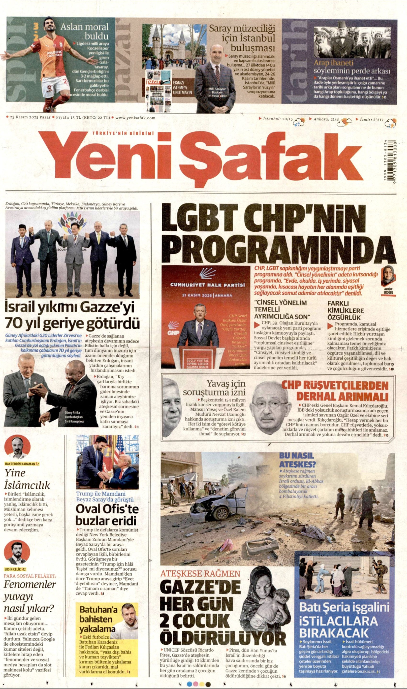 23 Kasım 2025 gazete manşetleri: Yandaş Yeni Akit'in hedefinde Mansur Yavaş var