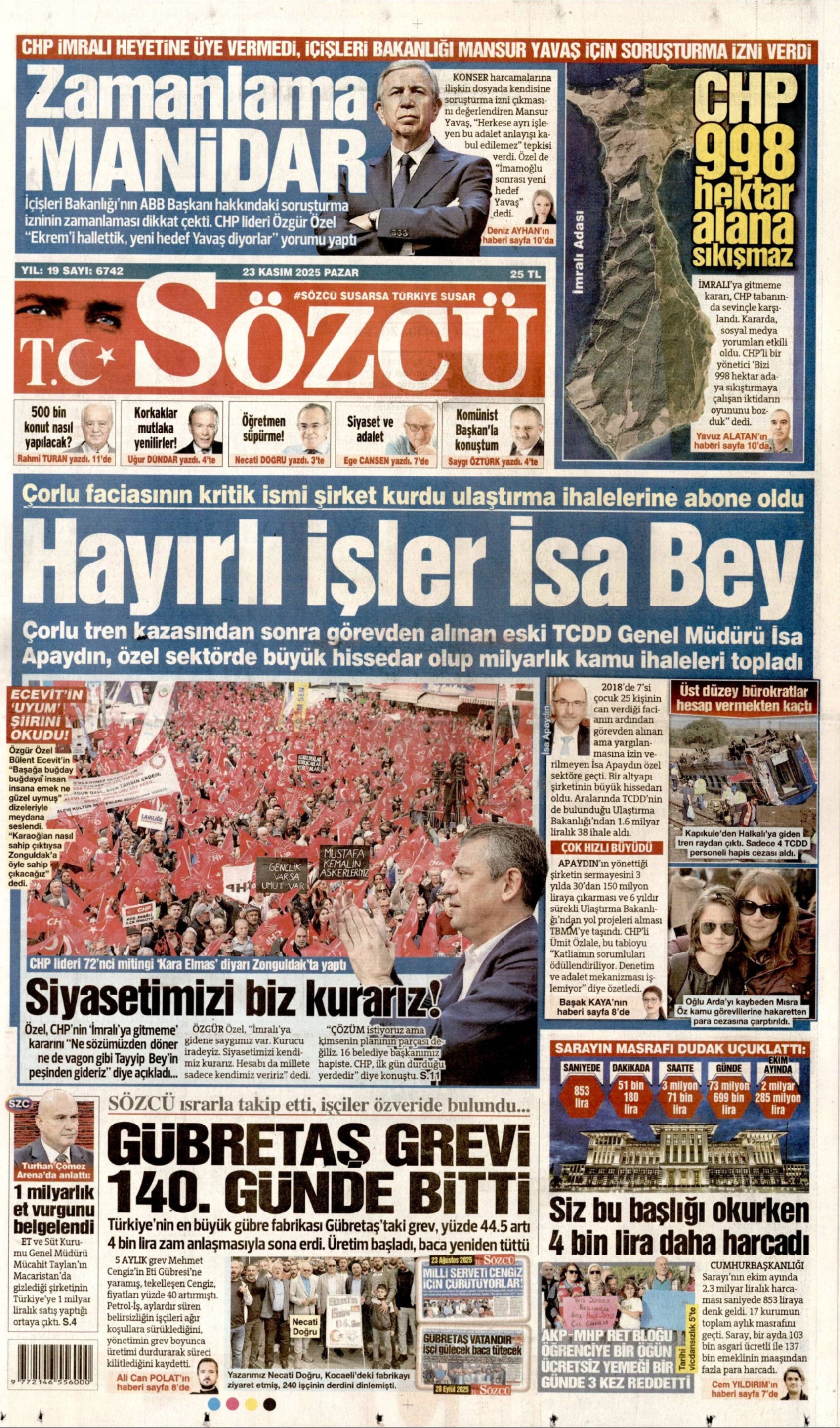 23 Kasım 2025 gazete manşetleri: Yandaş Yeni Akit'in hedefinde Mansur Yavaş var