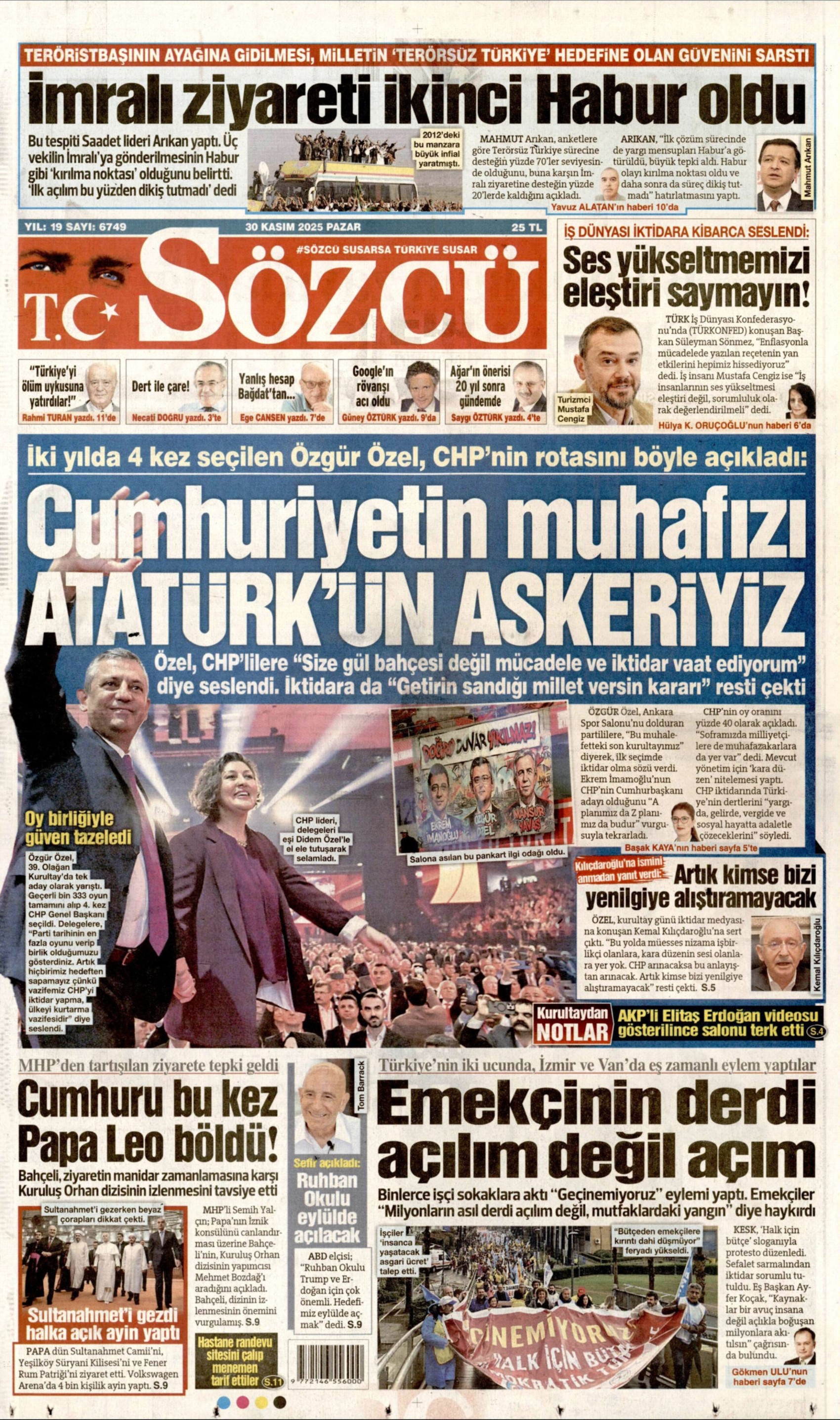 Özgür Özel 4. kez Genel Başkan: Gazeteler, CHP'nin 39. Olağan Kurultayı'nı nasıl gördü? (30 Kasım 2025 gazete manşetleri)