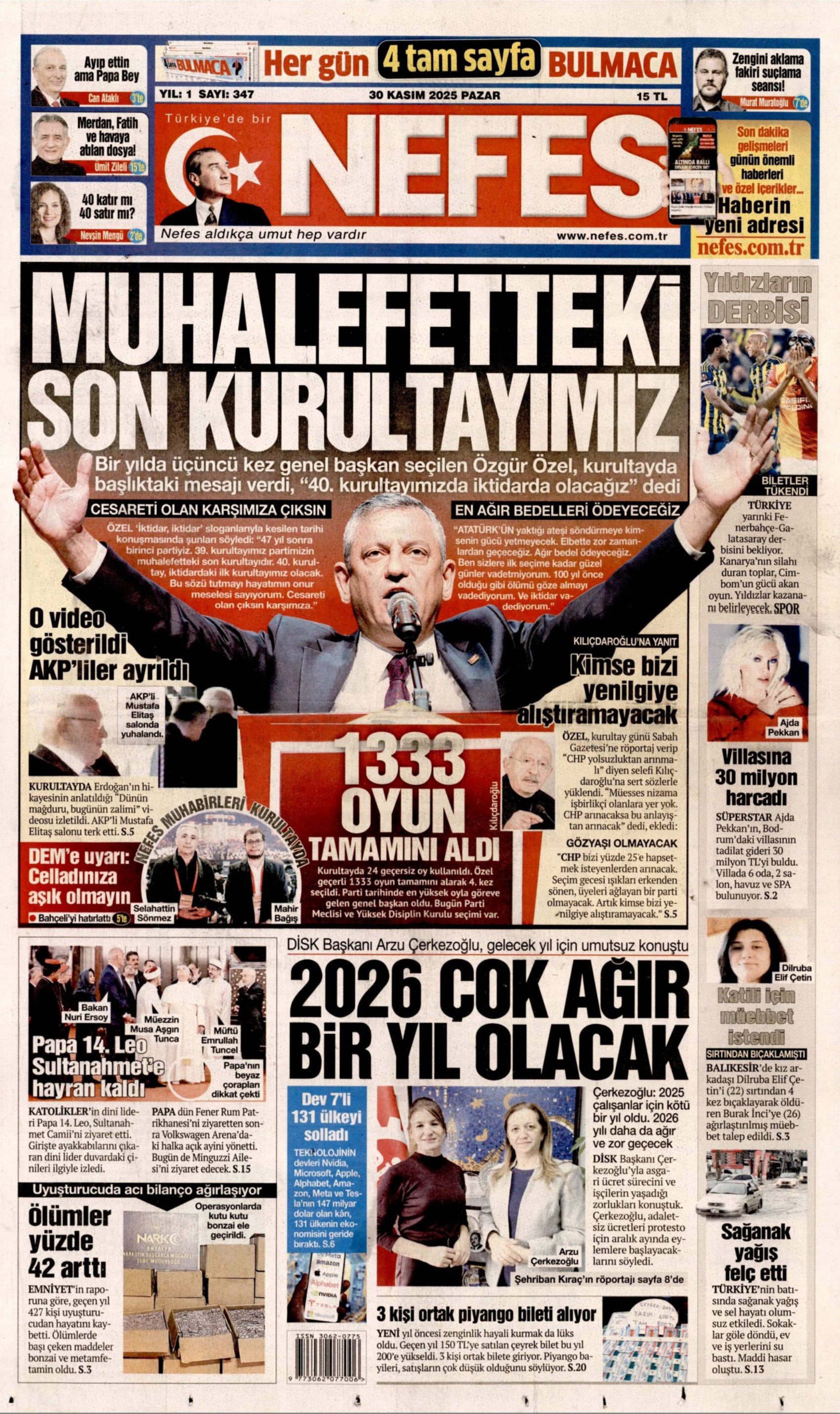 Özgür Özel 4. kez Genel Başkan: Gazeteler, CHP'nin 39. Olağan Kurultayı'nı nasıl gördü? (30 Kasım 2025 gazete manşetleri)